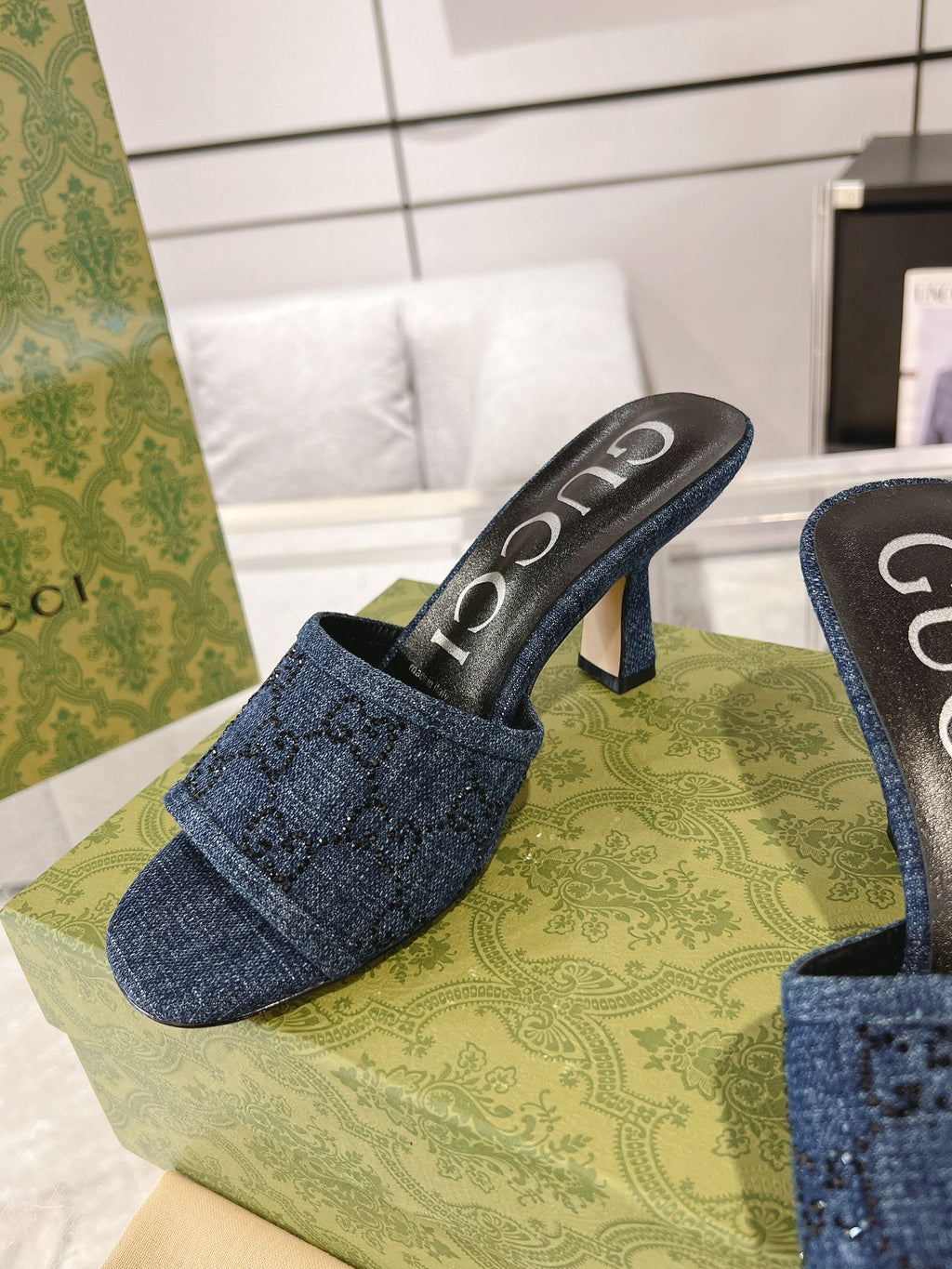 GUCCI CRYSTALS HIGH SANDAL DENIM CANVAS