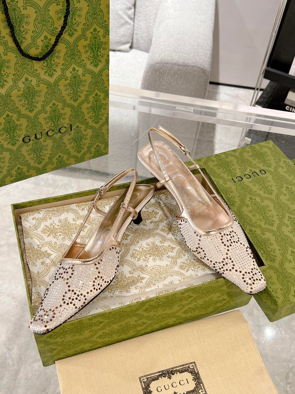 GUCCI CRYSTALS SLINGBACK PUMP CREAM FABRIC