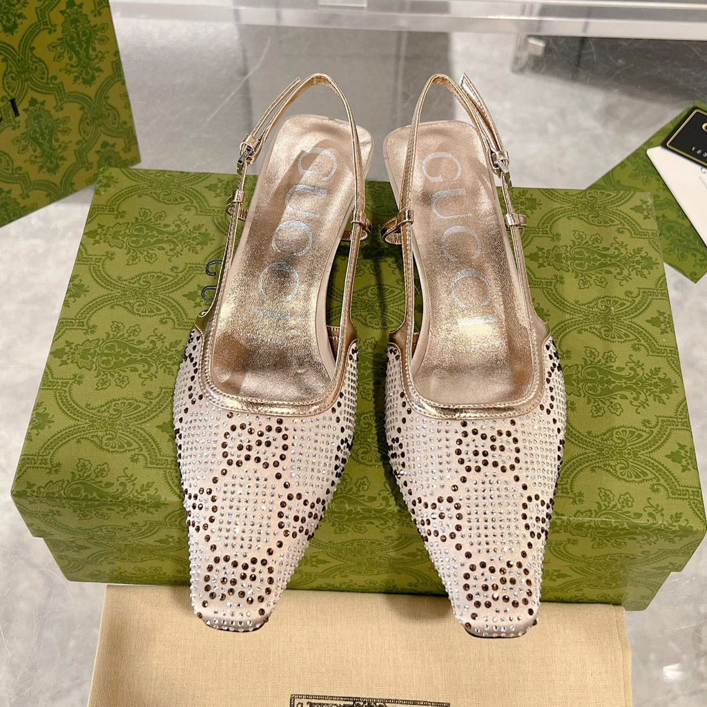 GUCCI CRYSTALS SLINGBACK PUMP CREAM FABRIC