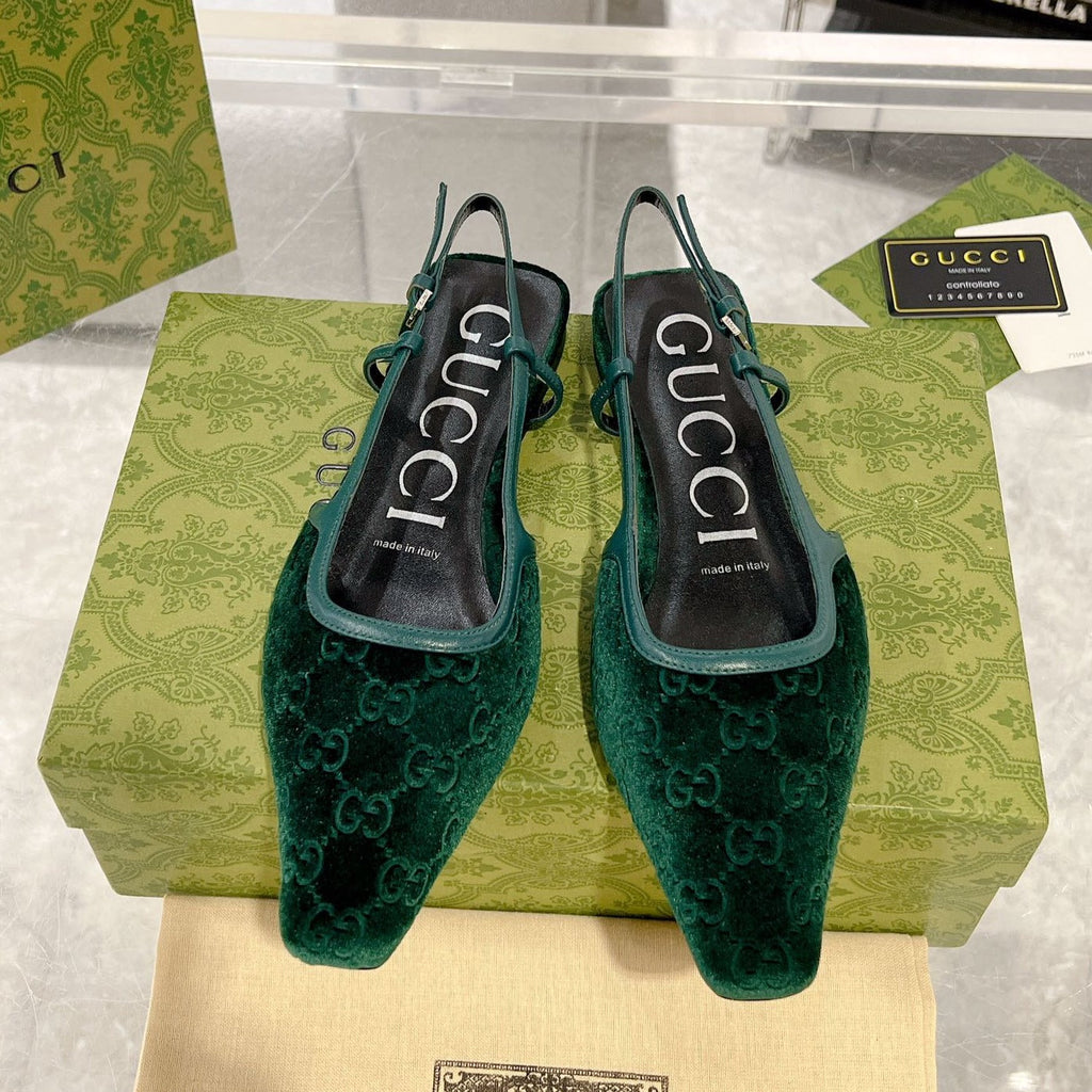 GUCCI SLINGBACK FLATS CASTLETON GREEN VELVET