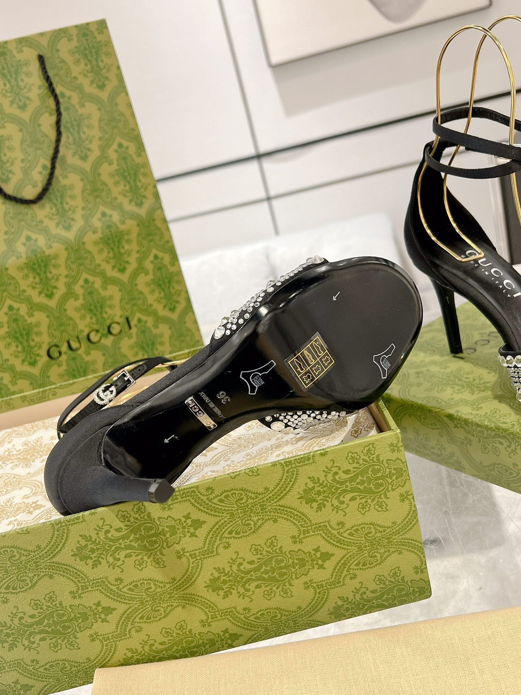 GUCCI CRYSTAL BLACK HIGH HEEL SANDALS SATIN