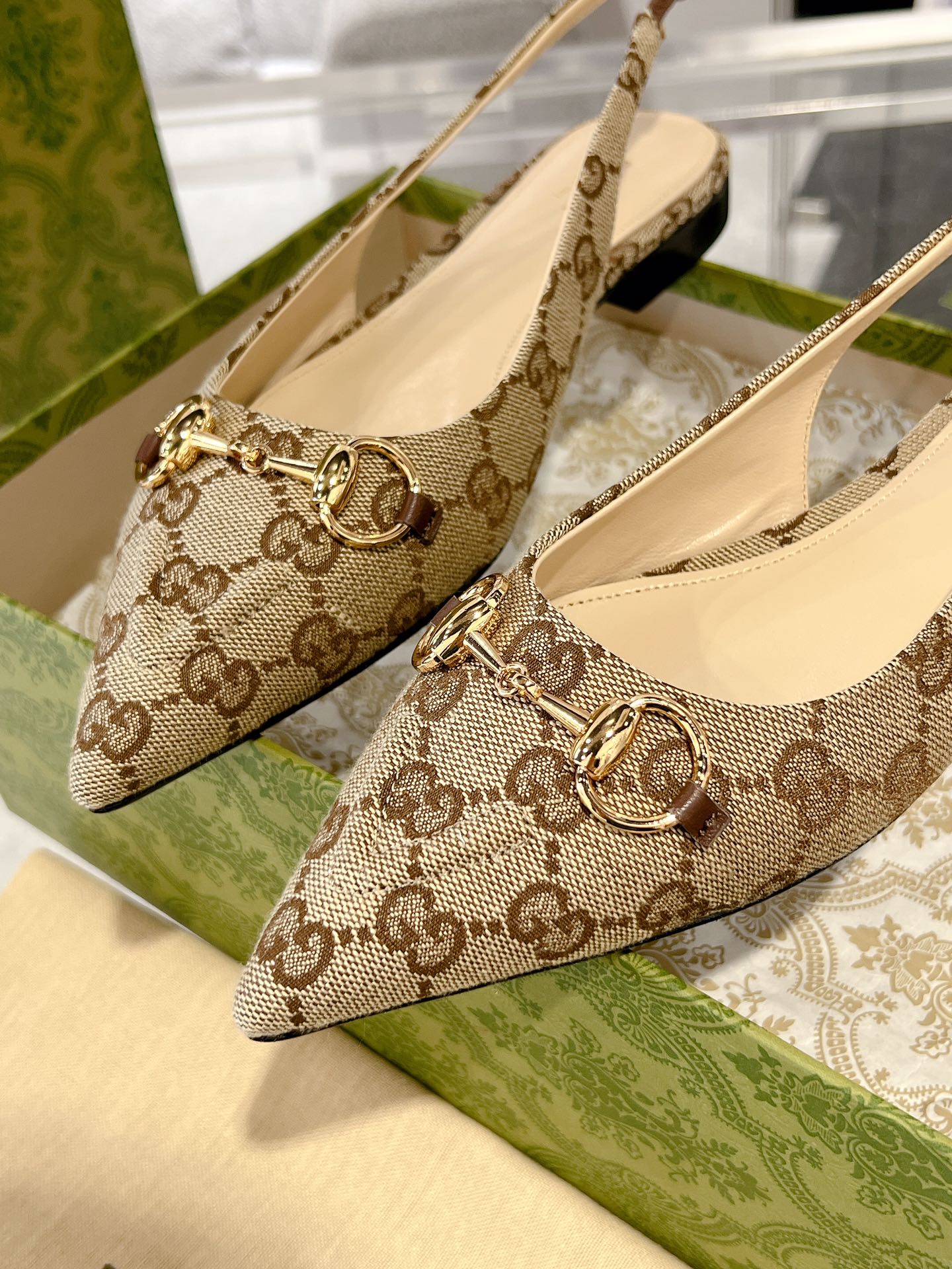 GUCCI HORSEBIT SLINGBACK BALLET FLAT TAN BEIGE CANVAS