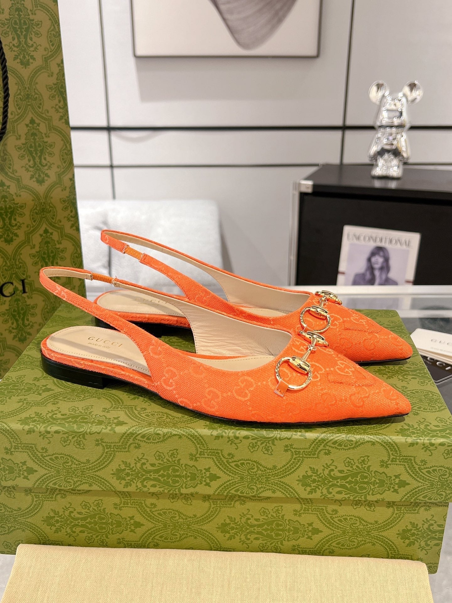 GUCCI HORSEBIT SLINGBACK BALLET FLAT ORANGE CANVAS