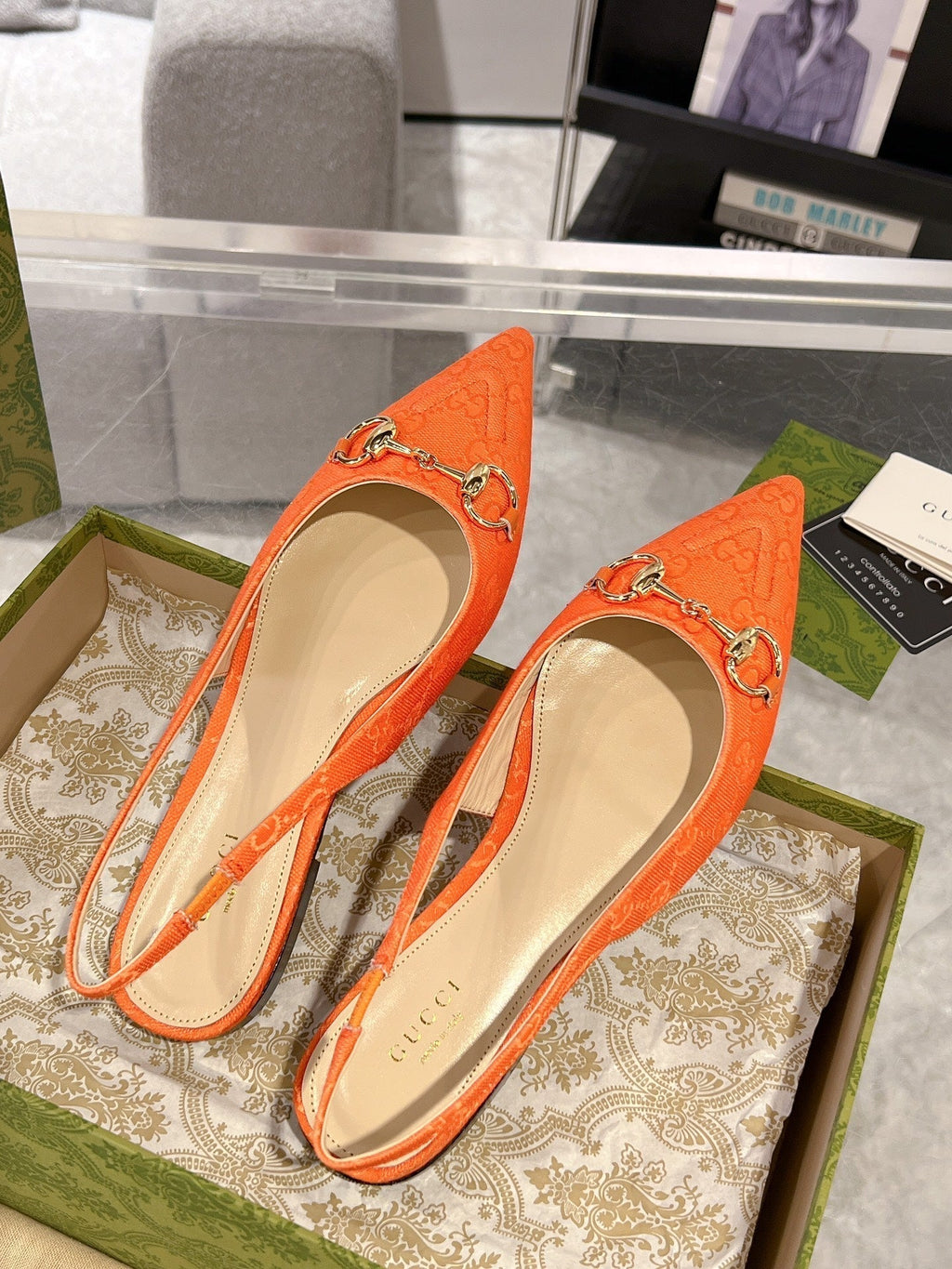 GUCCI HORSEBIT SLINGBACK BALLET FLAT ORANGE CANVAS