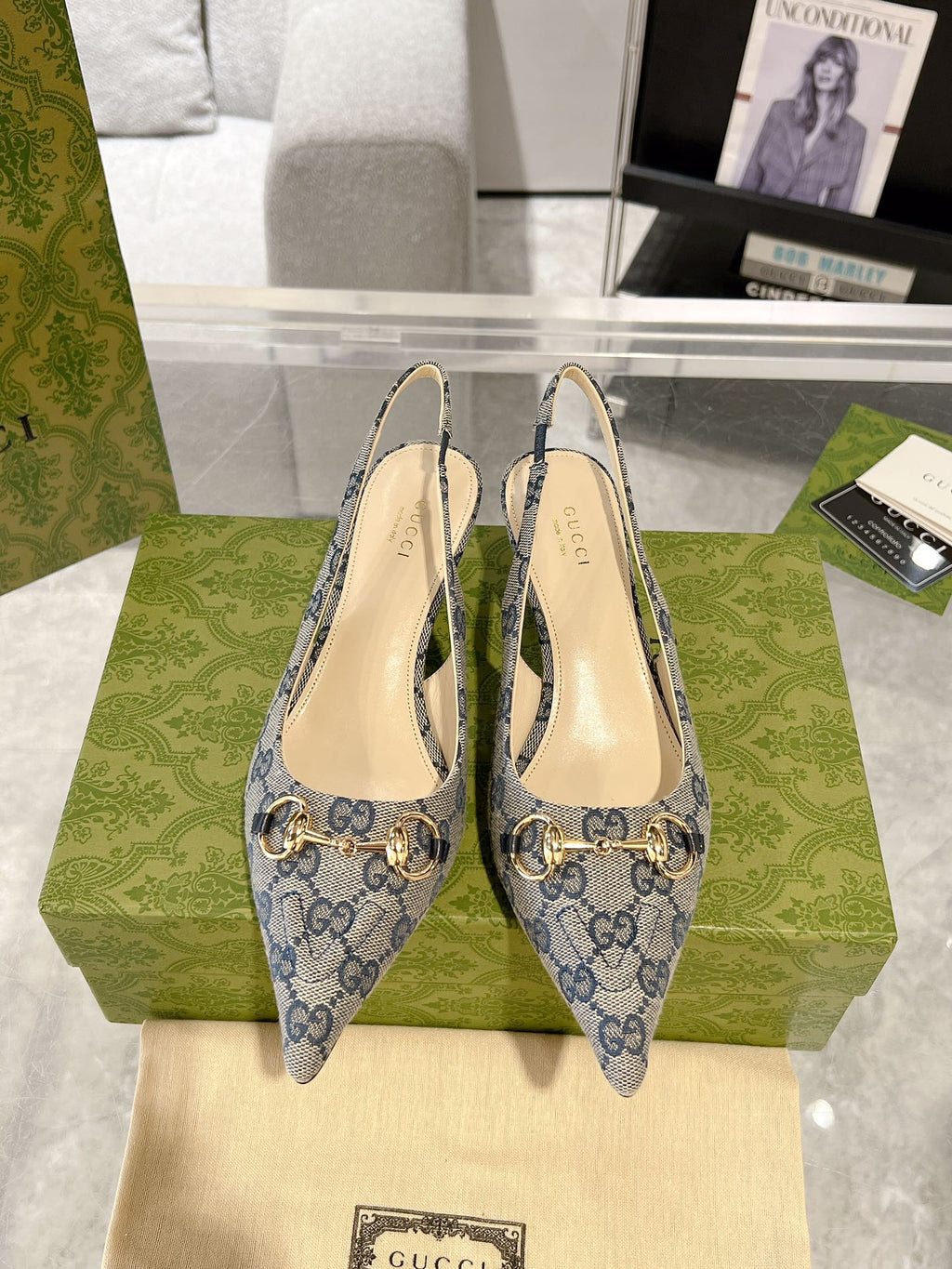 GUCCI MID-HEELED SLINGBACK 4.5 CM IN PALE GRAY CANVAS
