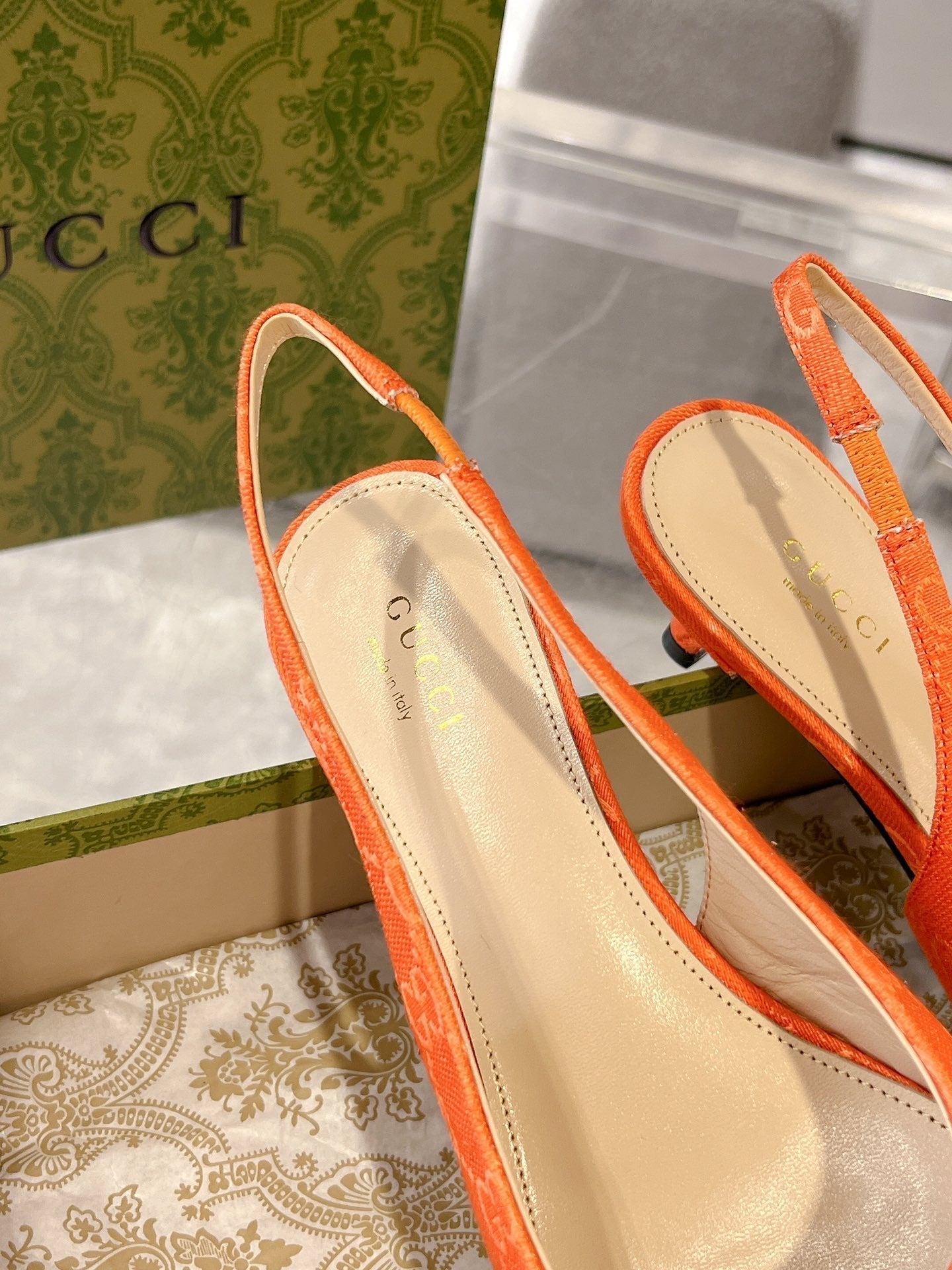 GUCCI MID-HEELED SLINGBACK 4.5 CM IN ORANGE CANVAS