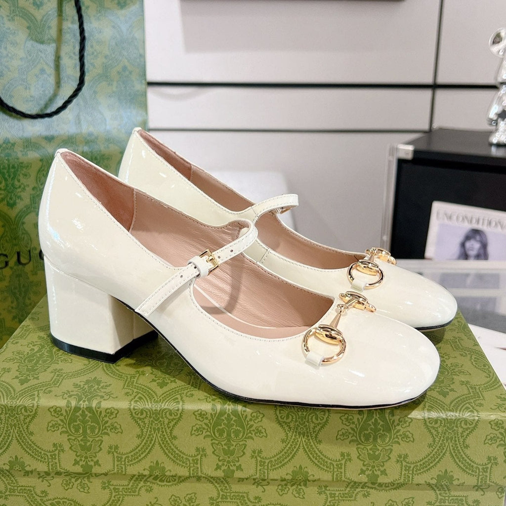 GUCCI HORSEBIT MARY JANE HEEL IN WHITE CALFSKIN GOLD HARDWARE