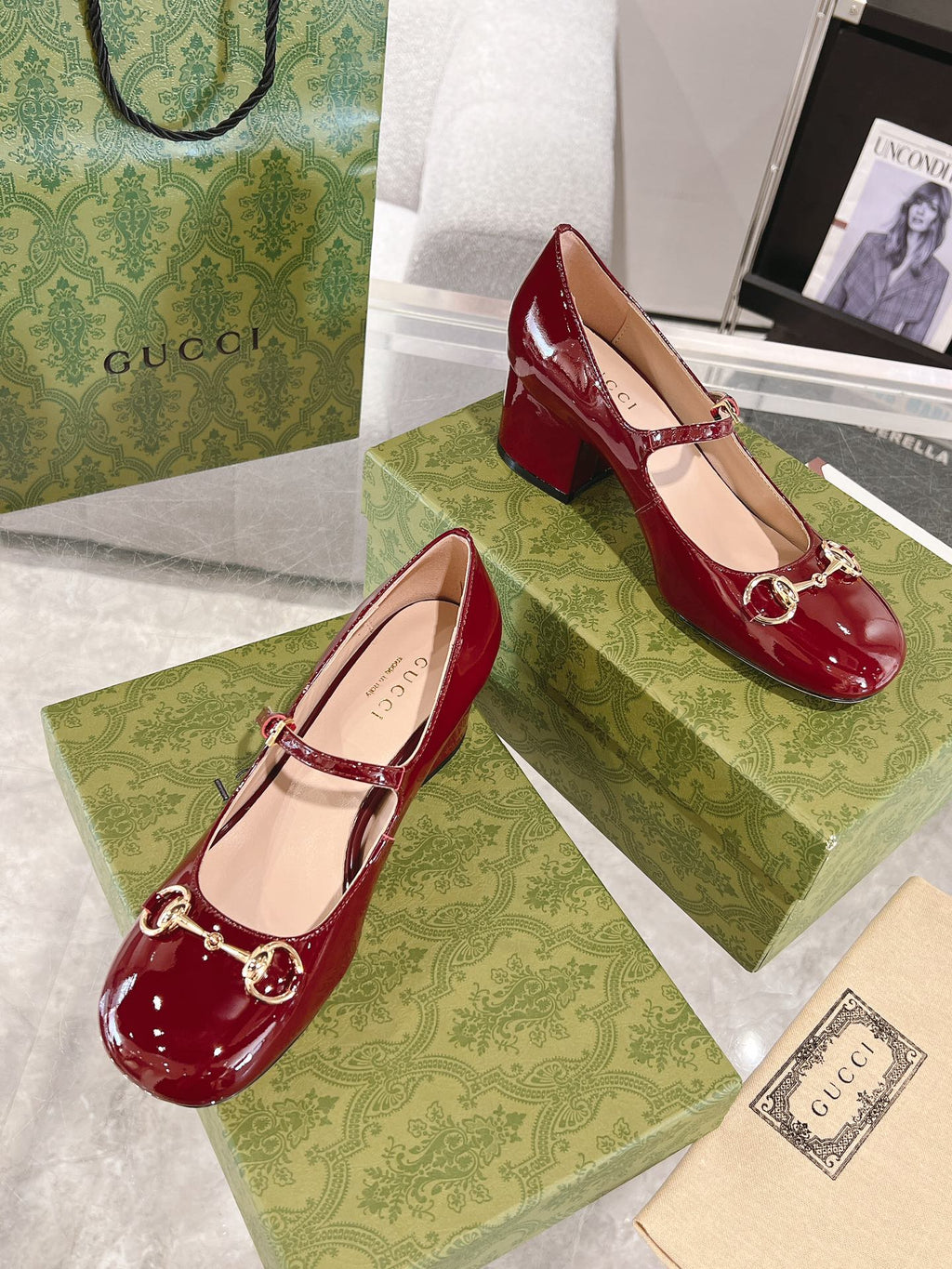 GUCCI HORSEBIT MARY JANE HEEL IN CRIMSON RED CALFSKIN GOLD HARDWARE