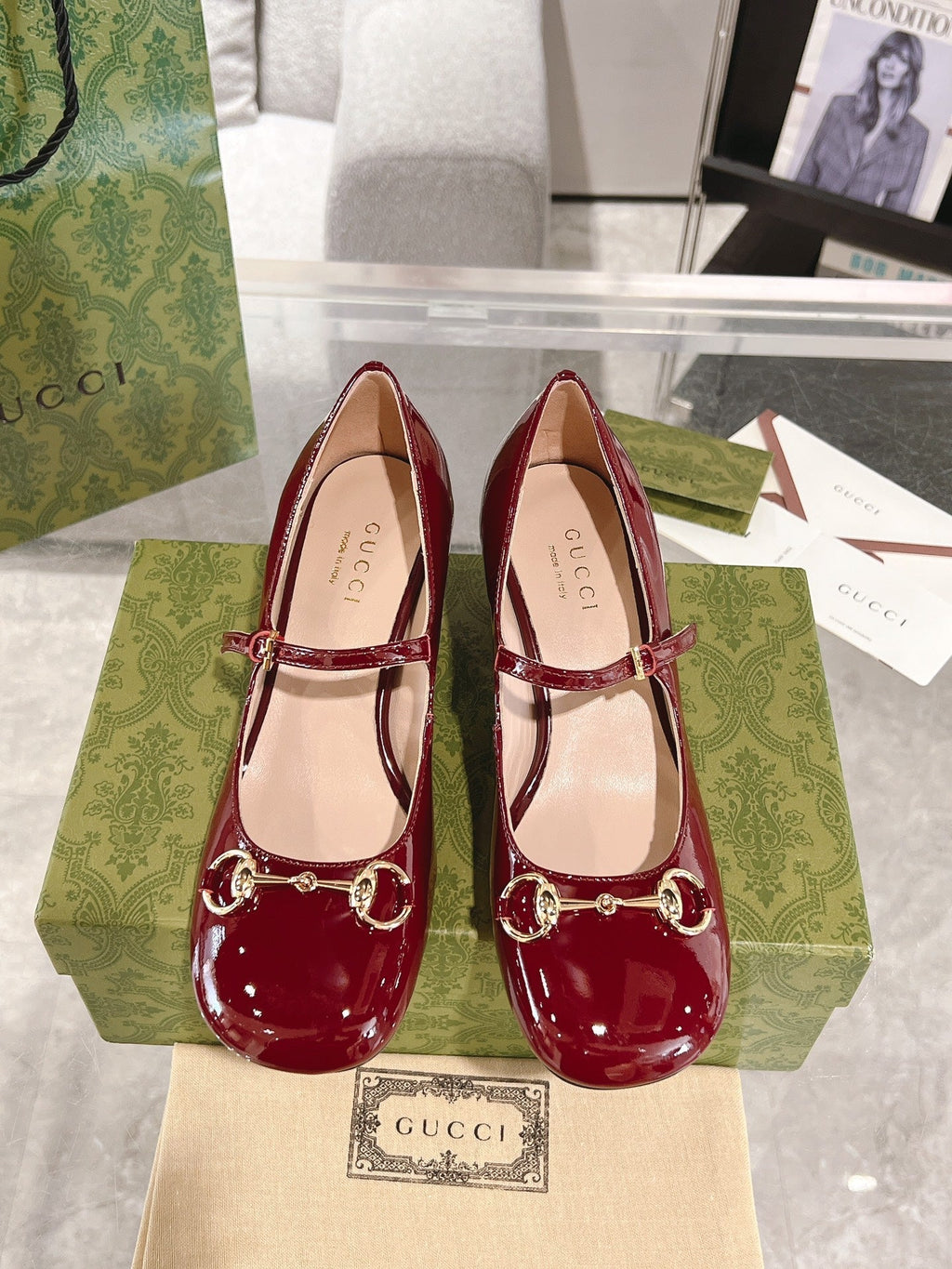 GUCCI HORSEBIT MARY JANE HEEL IN CRIMSON RED CALFSKIN GOLD HARDWARE