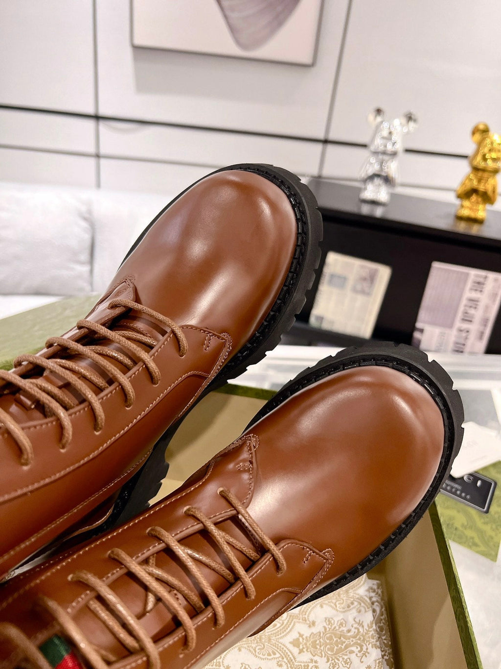 GUCCI WEB ANKLE BOOTS IN CINNAMON BROWN CALFSKIN