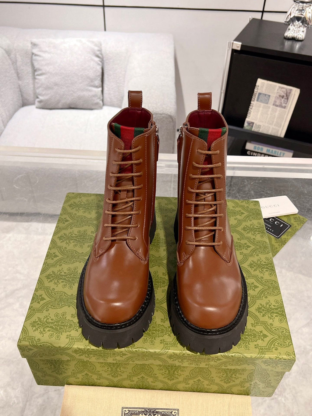 GUCCI WEB ANKLE BOOTS IN CINNAMON BROWN CALFSKIN