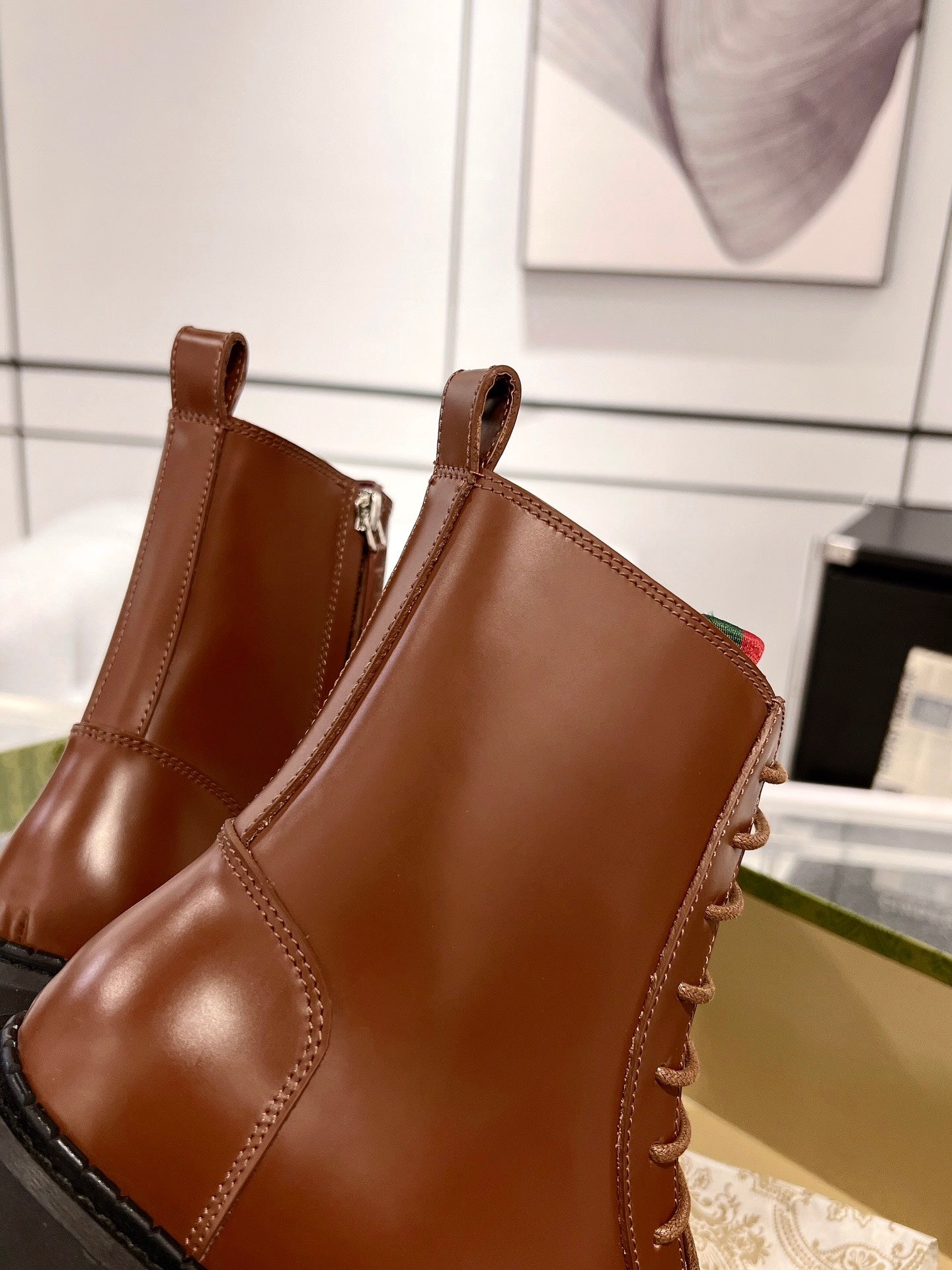 GUCCI WEB ANKLE BOOTS IN CINNAMON BROWN CALFSKIN