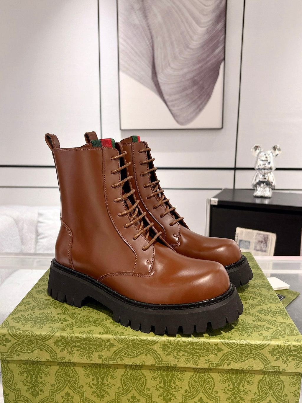 GUCCI WEB ANKLE BOOTS IN CINNAMON BROWN CALFSKIN