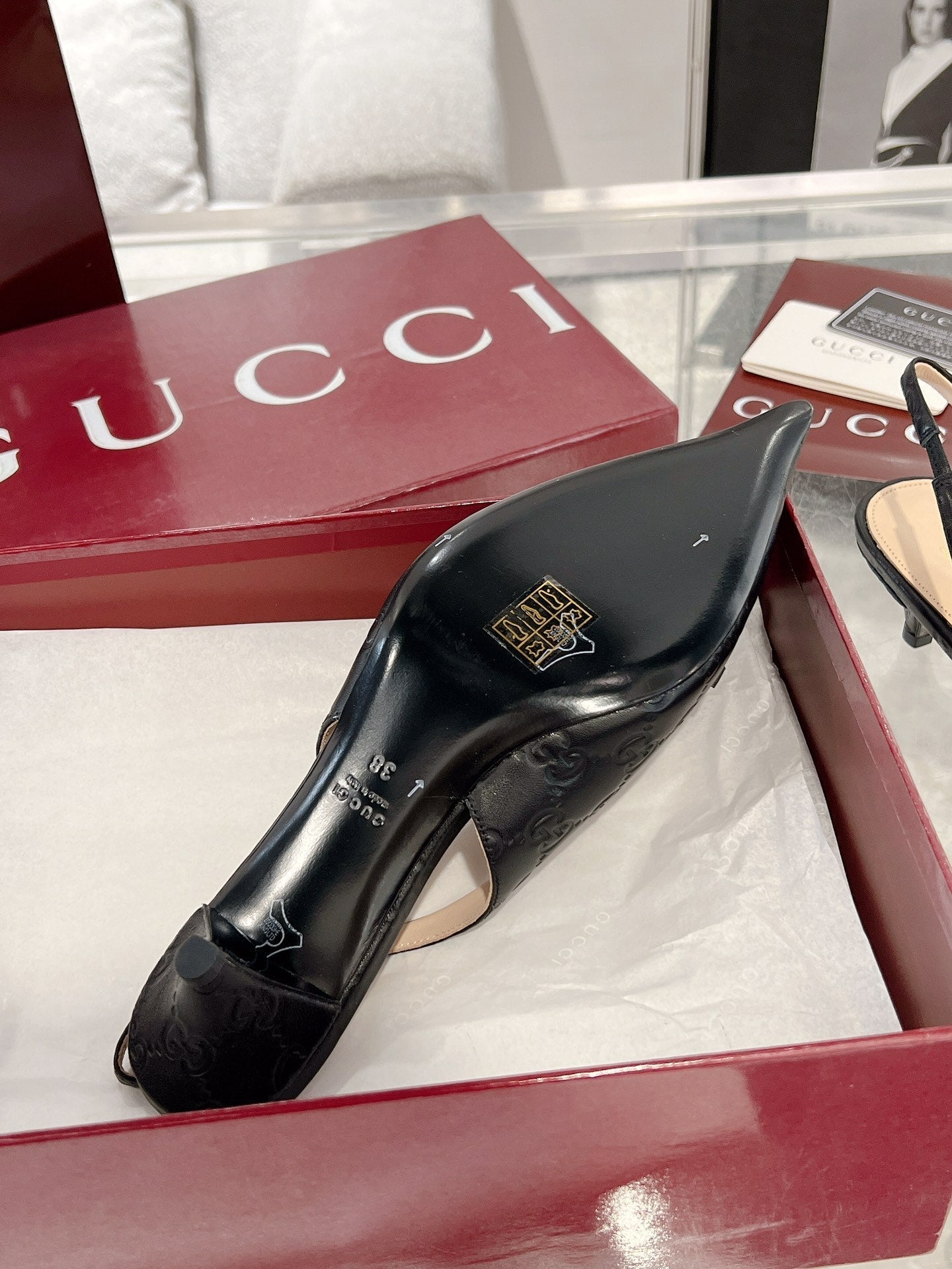 GUCCI MID-HIGH SLINGBACK 4.5 CM IN BLACK GLOSSY EMBOSSED SUEDE AND SHEEPSKIN LINING