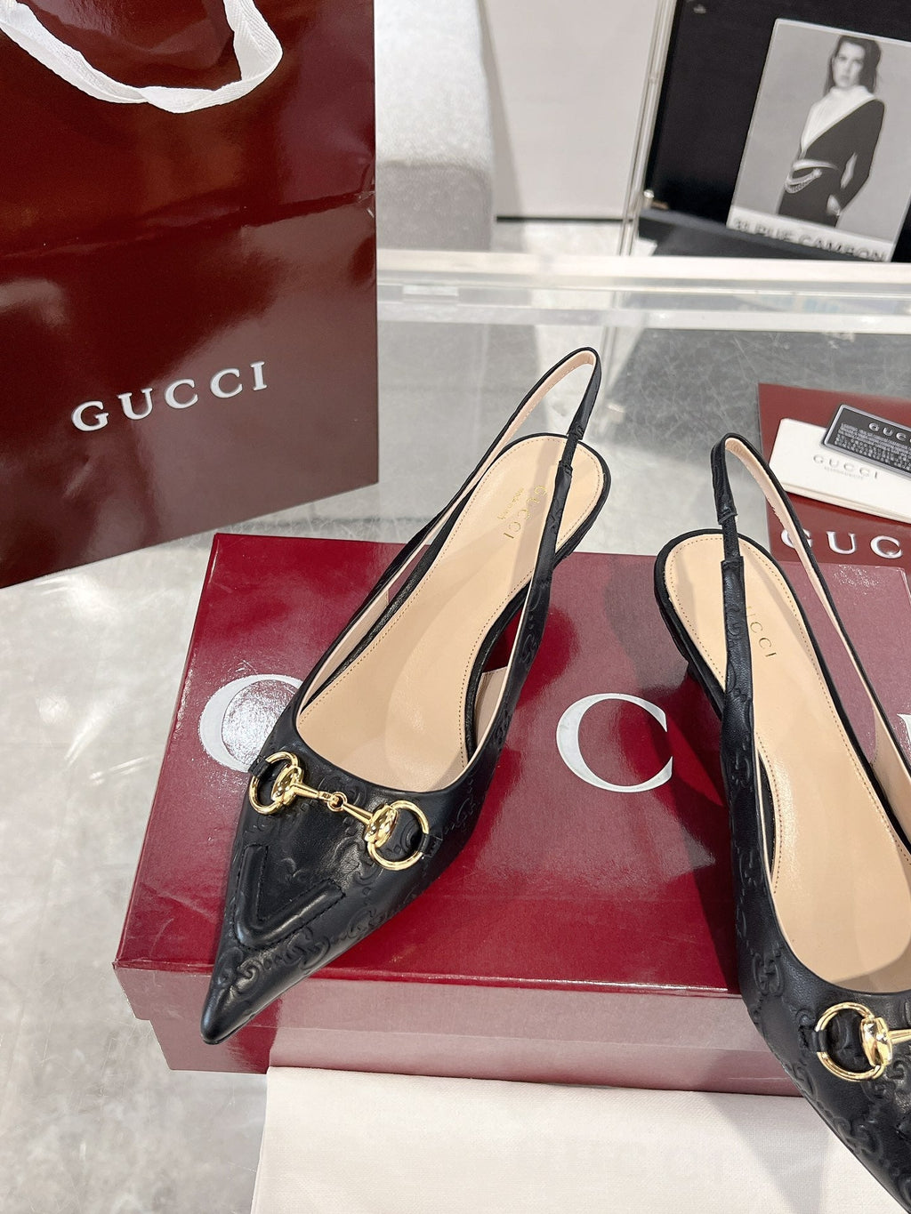 GUCCI MID-HIGH SLINGBACK 4.5 CM IN BLACK GLOSSY EMBOSSED SUEDE AND SHEEPSKIN LINING