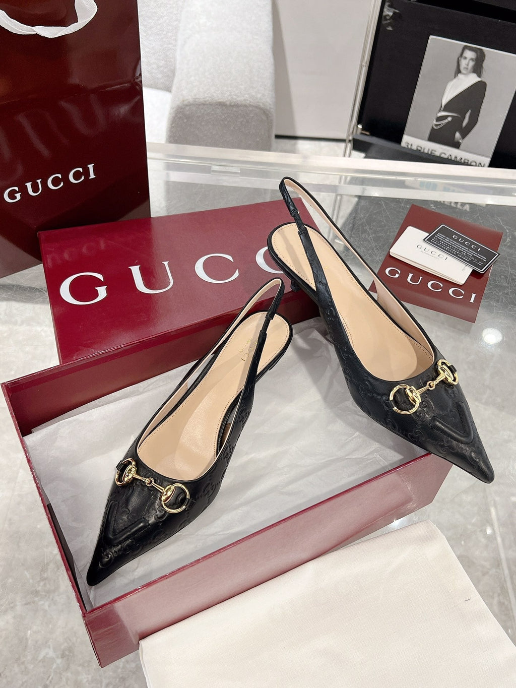 GUCCI MID-HIGH SLINGBACK 4.5 CM IN BLACK GLOSSY EMBOSSED SUEDE AND SHEEPSKIN LINING