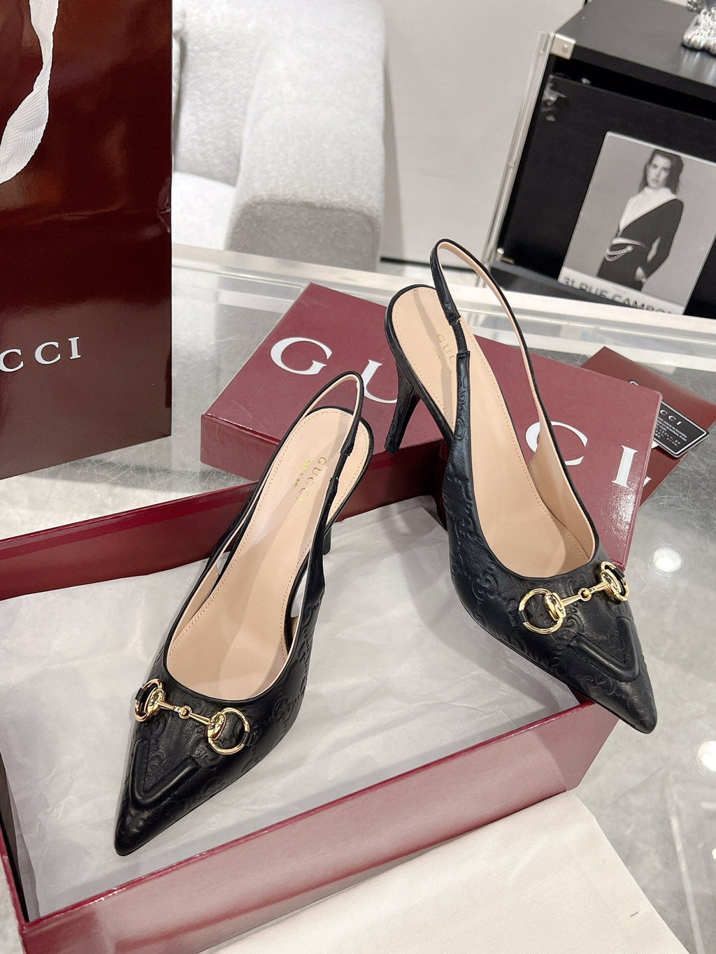 GUCCI HIGH SLINGBACK 10.5 CM IN BLACK GLOSSY EMBOSSED SUEDE AND SHEEPSKIN LINING