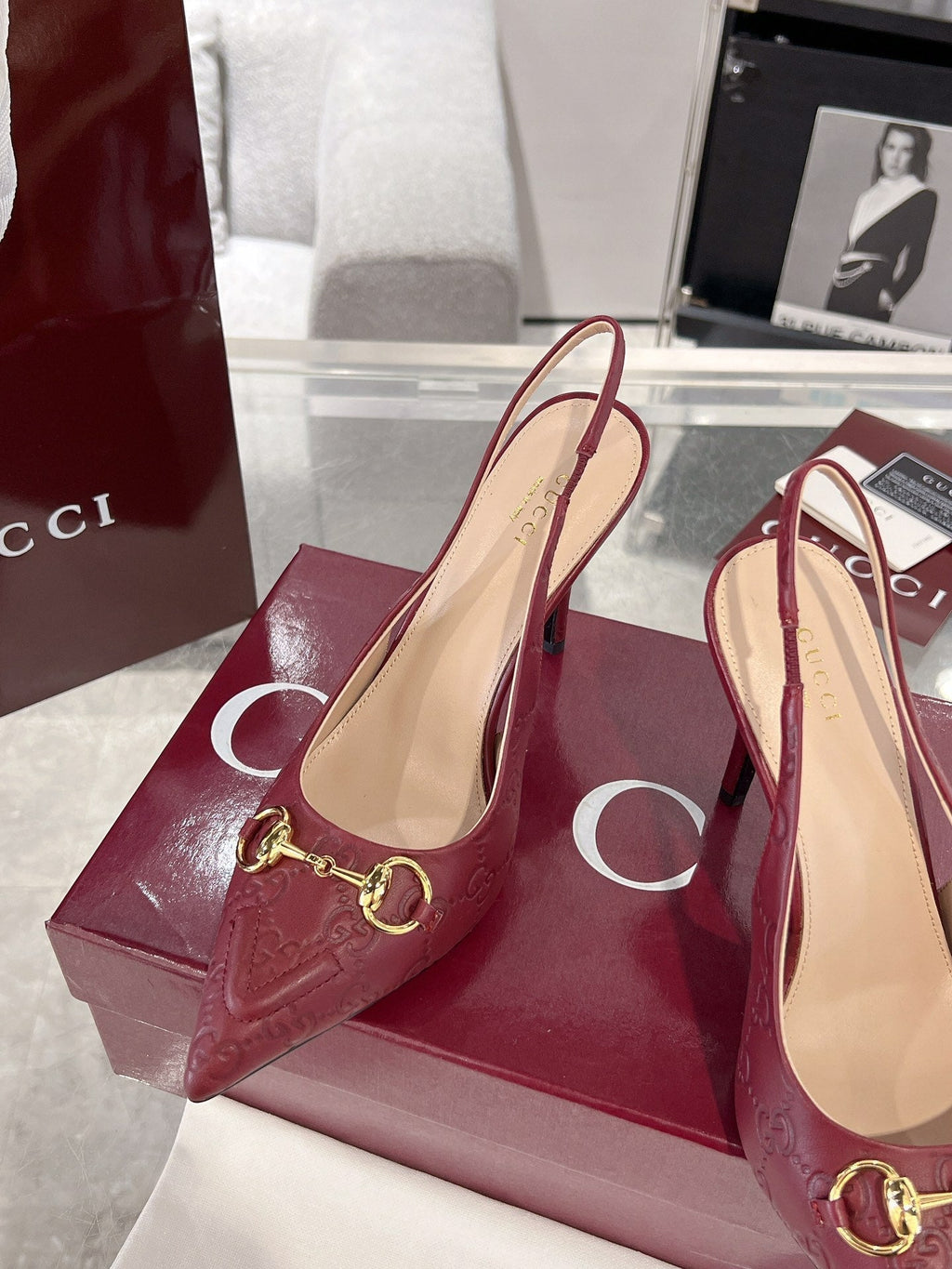 GUCCI HIGH SLINGBACK 10.5 CM IN WINE RED GLOSSY EMBOSSED SUEDE AND SHEEPSKIN LINING