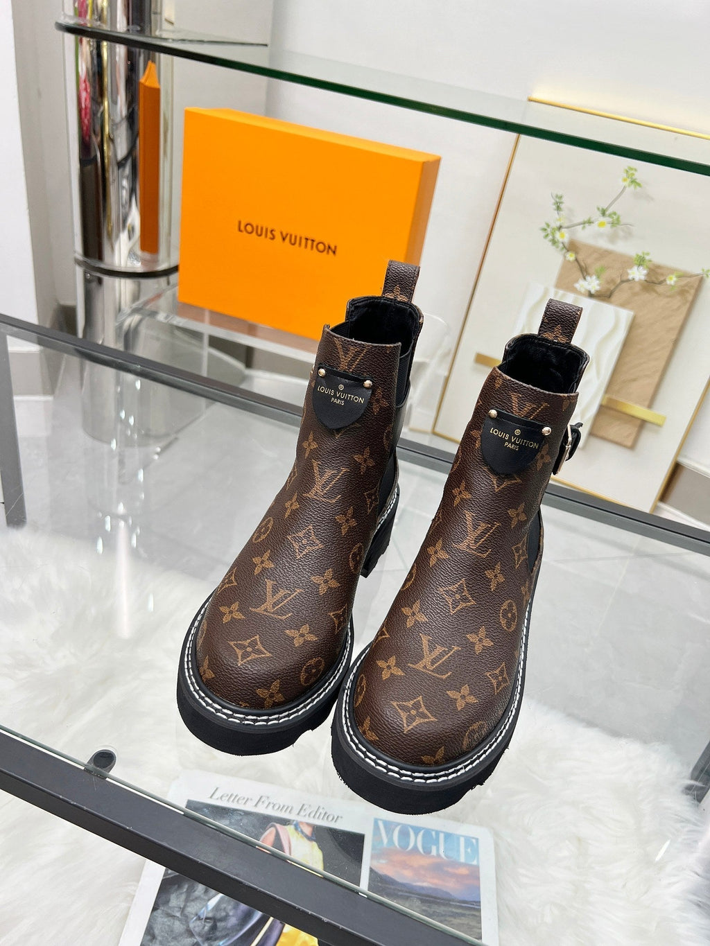 LOUIS VUITTON LV WOMEN'S SHORT BOOTS IN CHOCOLATE BROWN MONOGRAM CALFSKIN