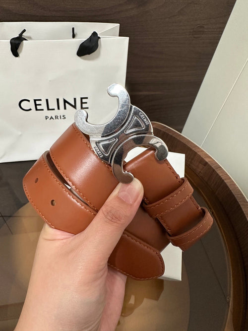 CELINE TRIOMPHE BELT 30MM IN BROWN CALFSKIN WITH SILVER BUCKLE