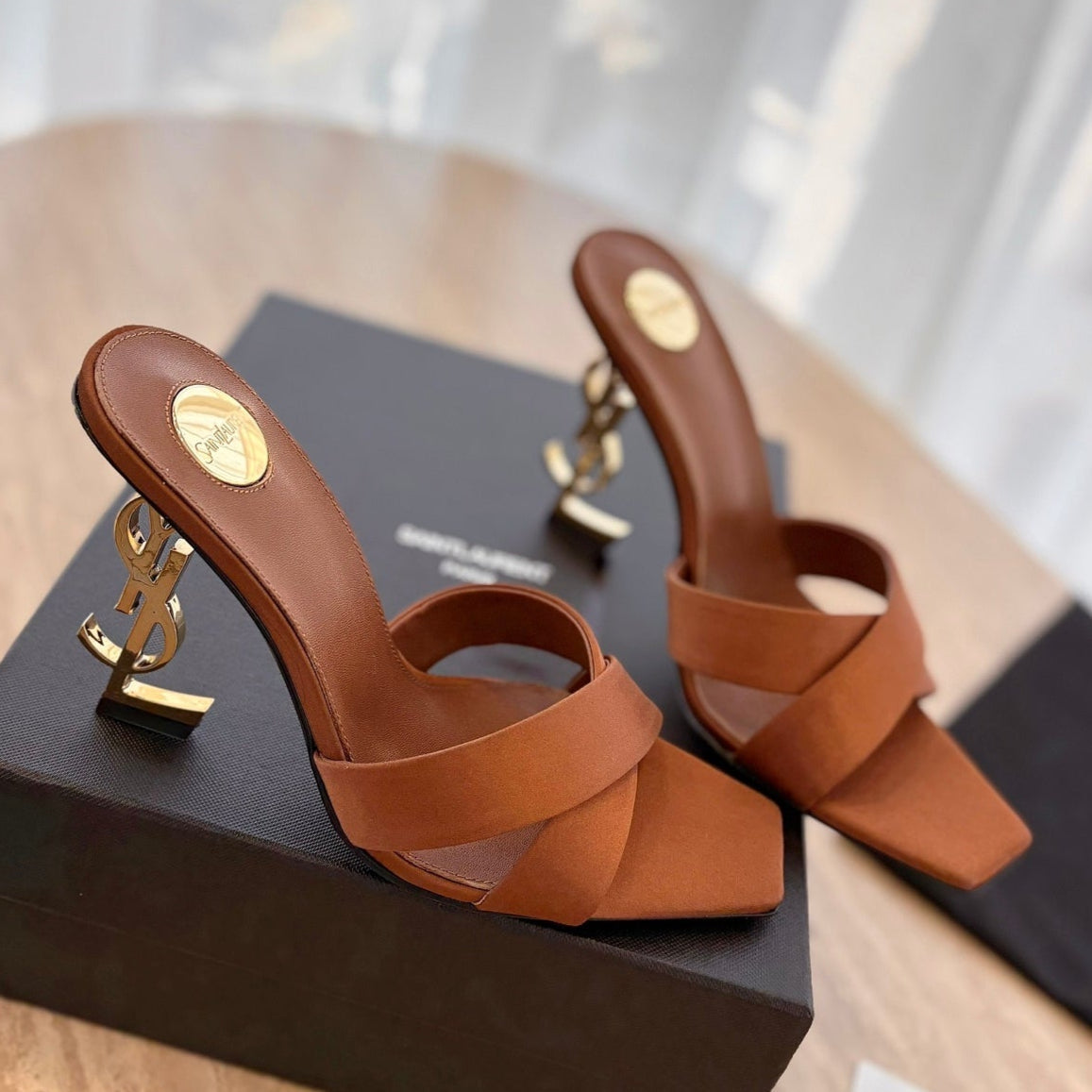 LOUIS VUITTON OPYUM OPEN TOE HIGH 10 CM MULES IN BRONZE BROWN CALFSKIN