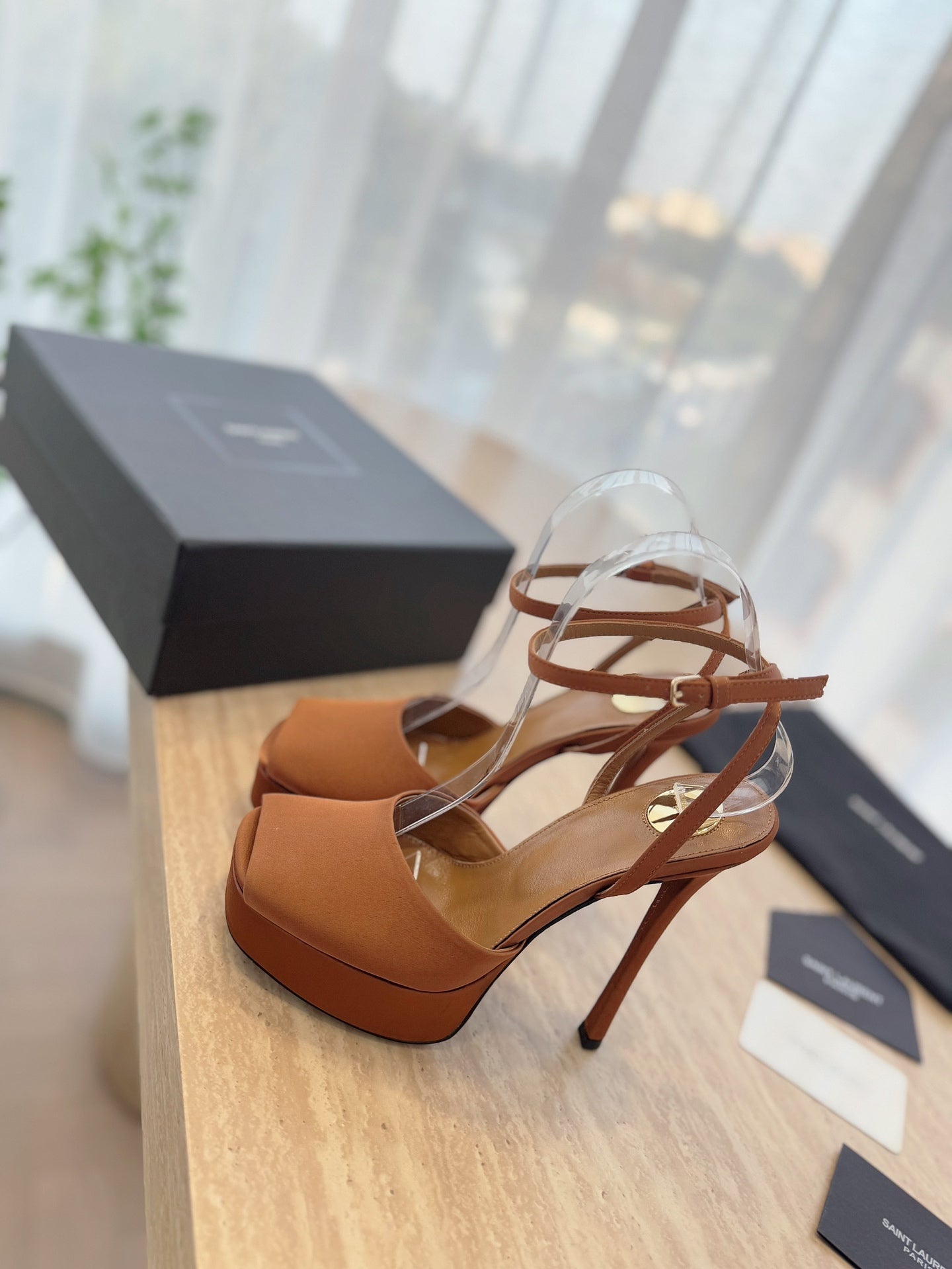 LOUIS VUITTON LA SCANDALE HIGH 14 CM PLATFORM SANDALS IN BRONZE BROWN SATIN CREPE