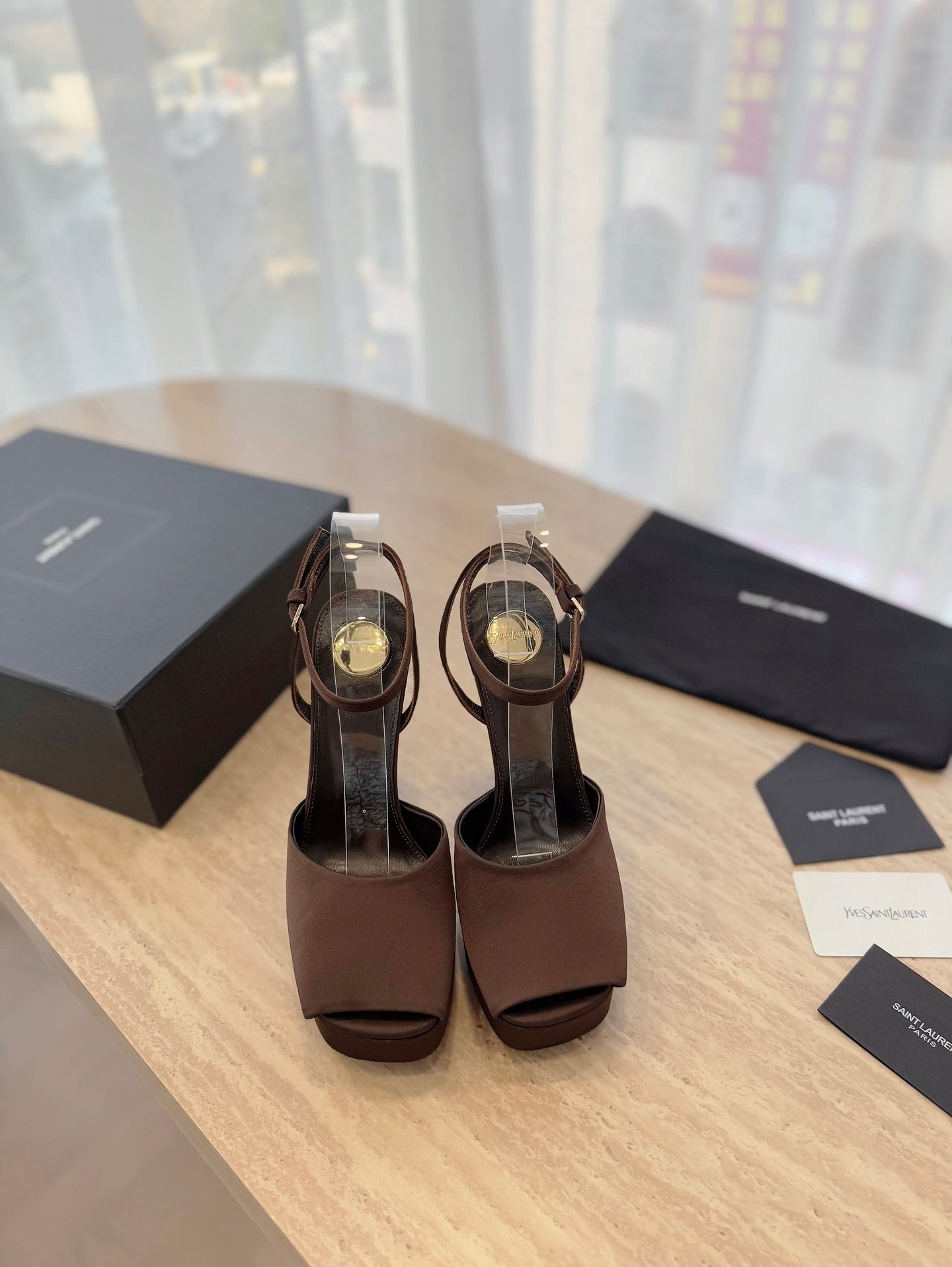 LOUIS VUITTON LA SCANDALE HIGH 14 CM PLATFORM SANDALS IN CHOCOLATE BROWN SATIN CREPE