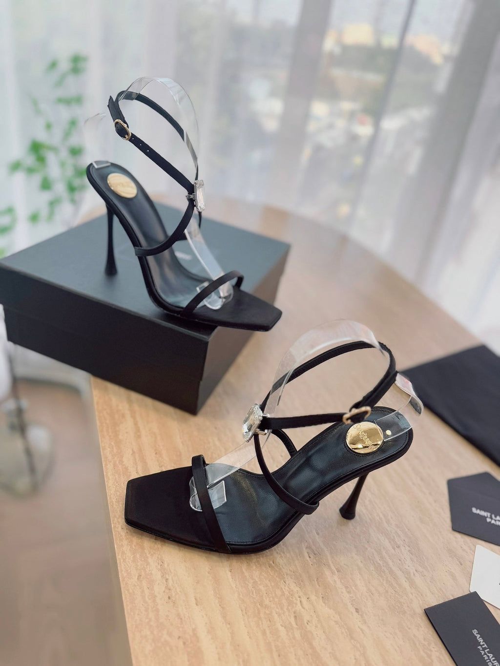 LOUIS VUITTON HIGH HEEL SANDAL 10 CM IN BLACK SATIN CREPE AND CRYSTAL