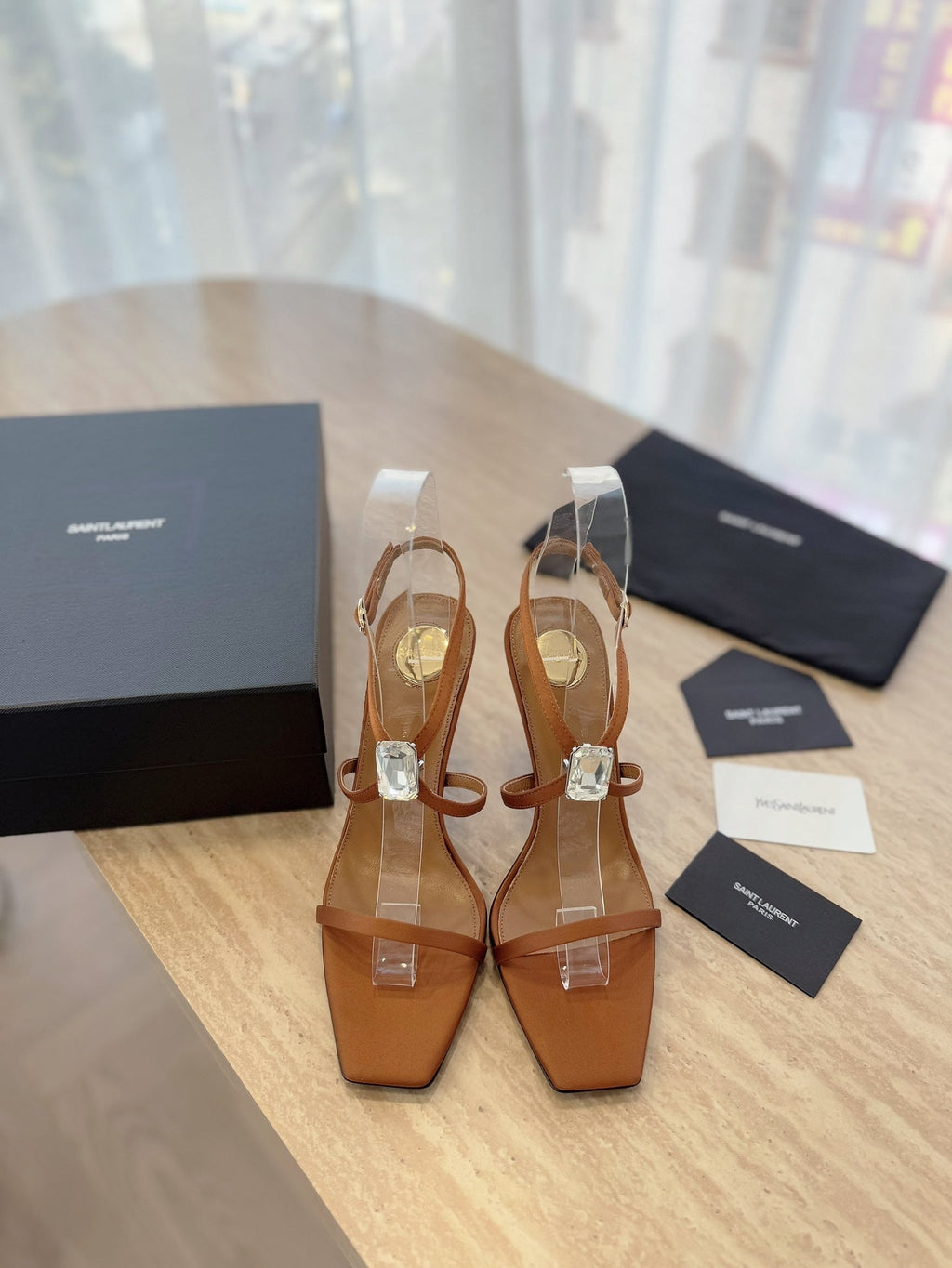 LOUIS VUITTON HIGH HEEL SANDAL 10 CM IN BRONZE BROWN SATIN CREPE AND CRYSTAL
