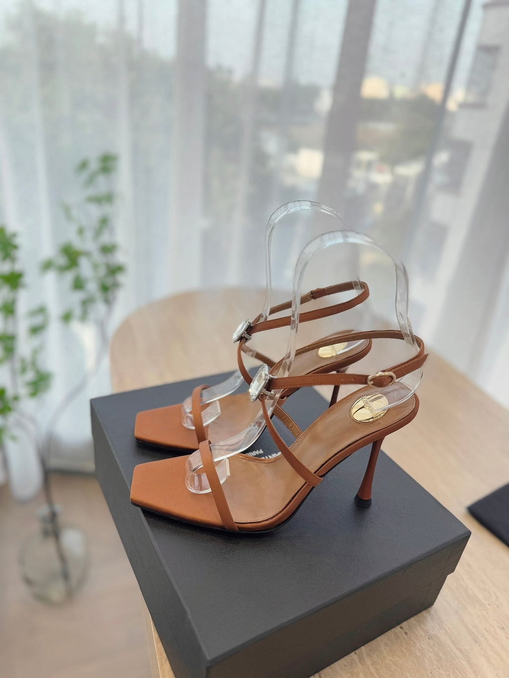 LOUIS VUITTON HIGH HEEL SANDAL 10 CM IN BRONZE BROWN SATIN CREPE AND CRYSTAL