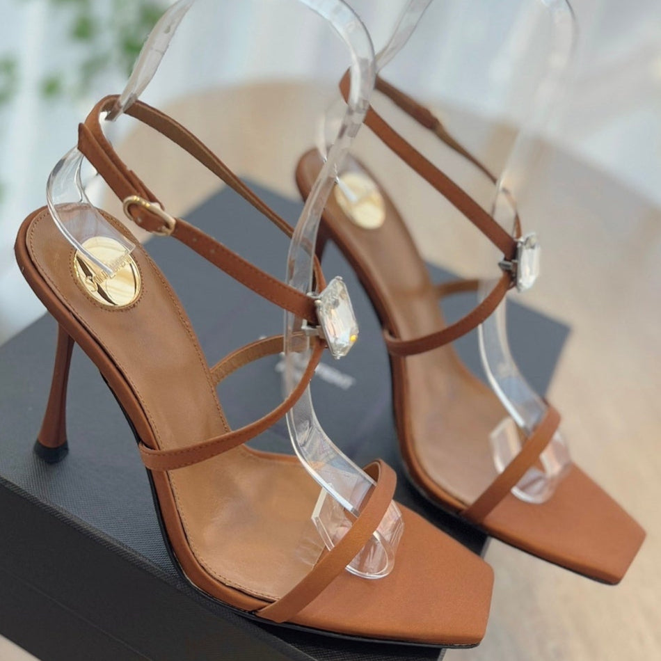 LOUIS VUITTON HIGH HEEL SANDAL 10 CM IN BRONZE BROWN SATIN CREPE AND CRYSTAL