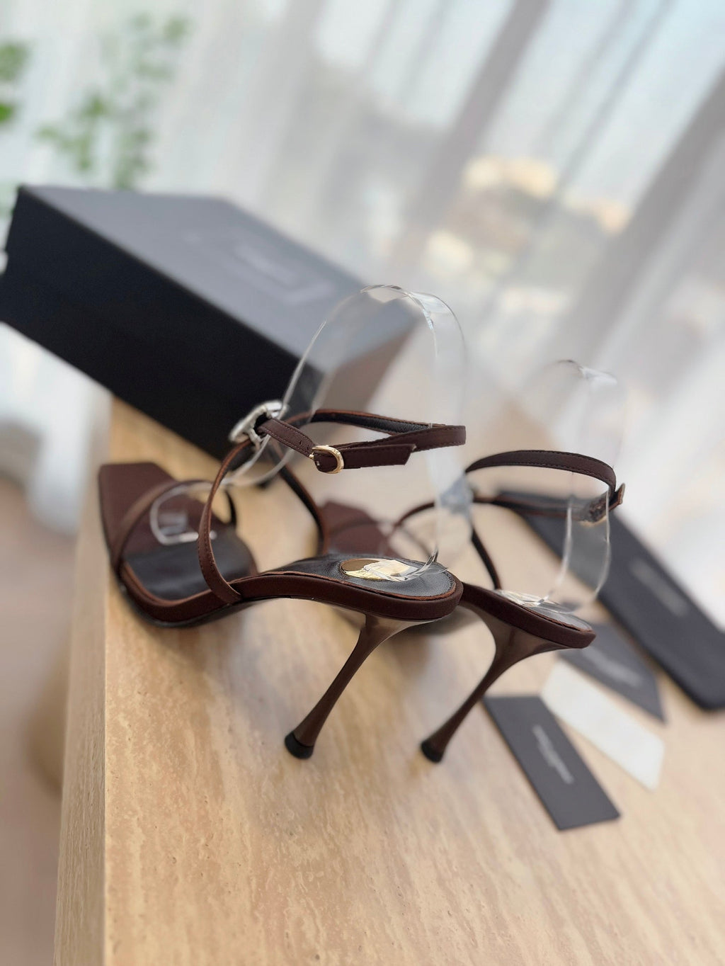 LOUIS VUITTON HIGH HEEL SANDAL 10 CM IN CHOCOLATE BROWN SATIN CREPE AND CRYSTAL