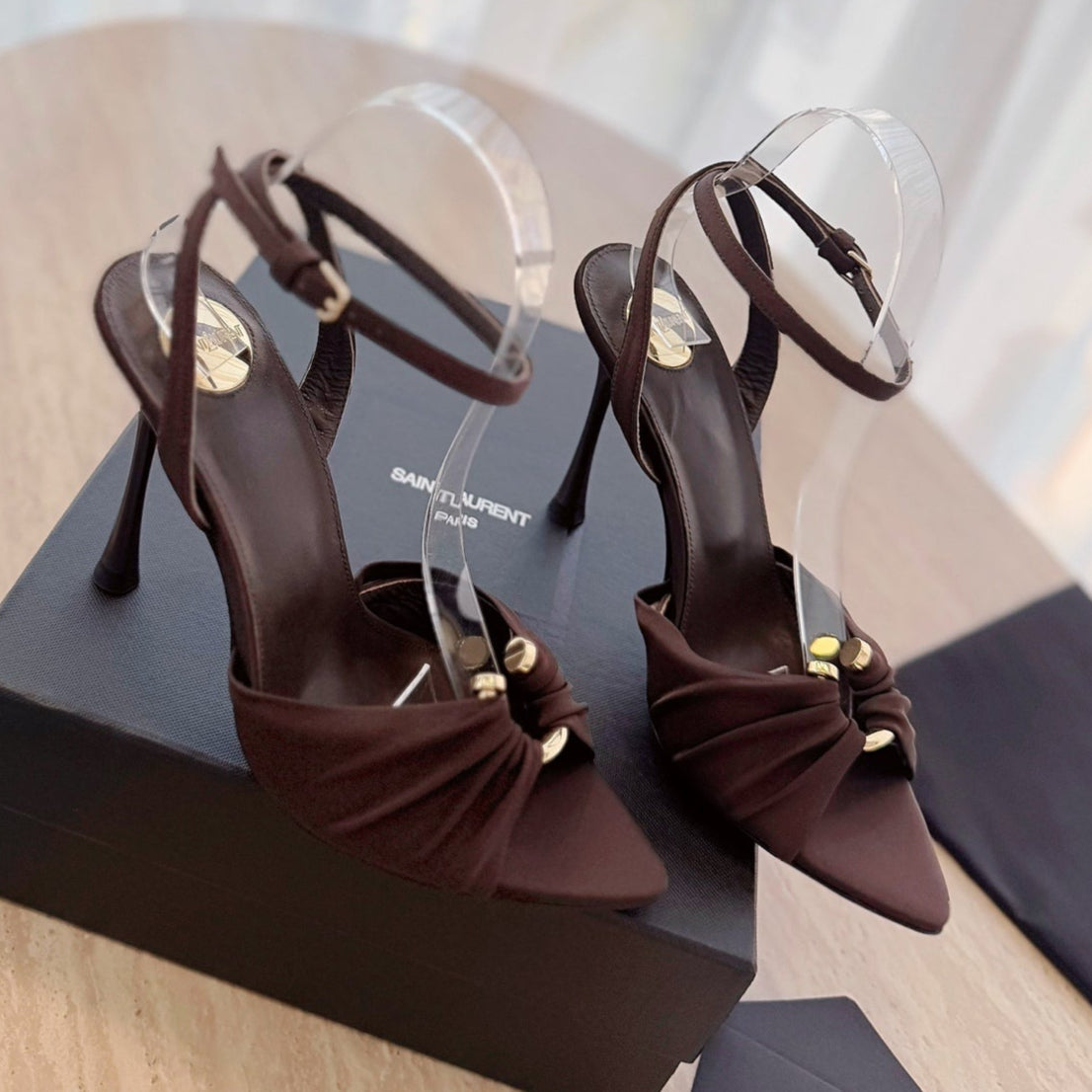 LOUIS VUITTON LOLA SANDAL 10 CM IN CHOCOLATE BROWN VISCOSE AND SILK