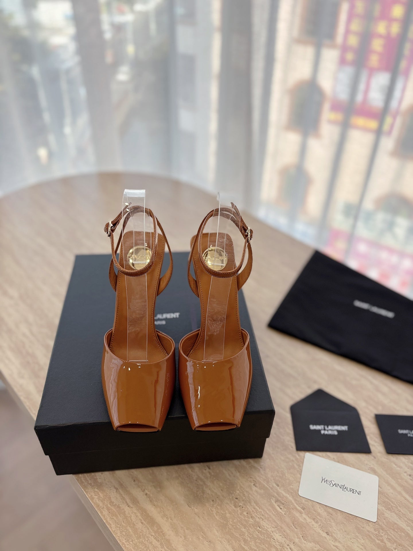 LOUIS VUITTON LA SCANDALE HIGH 10 CM WEDGE SANDALS IN BRONZE BROWN PATENT LEATHER