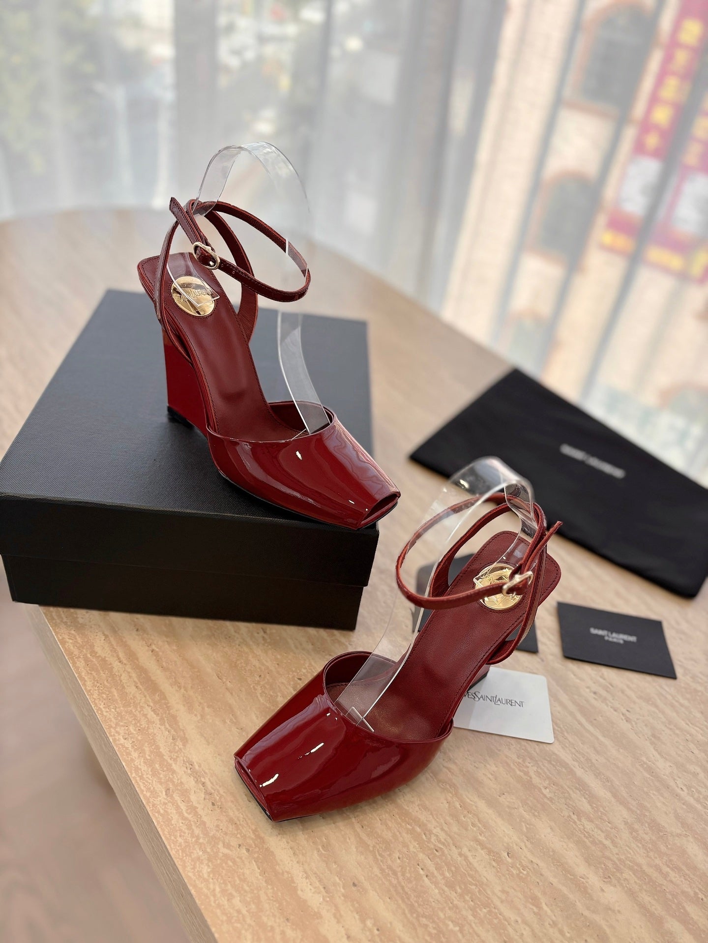 LOUIS VUITTON LA SCANDALE HIGH 10 CM WEDGE SANDALS IN CRIMSON RED PATENT LEATHER