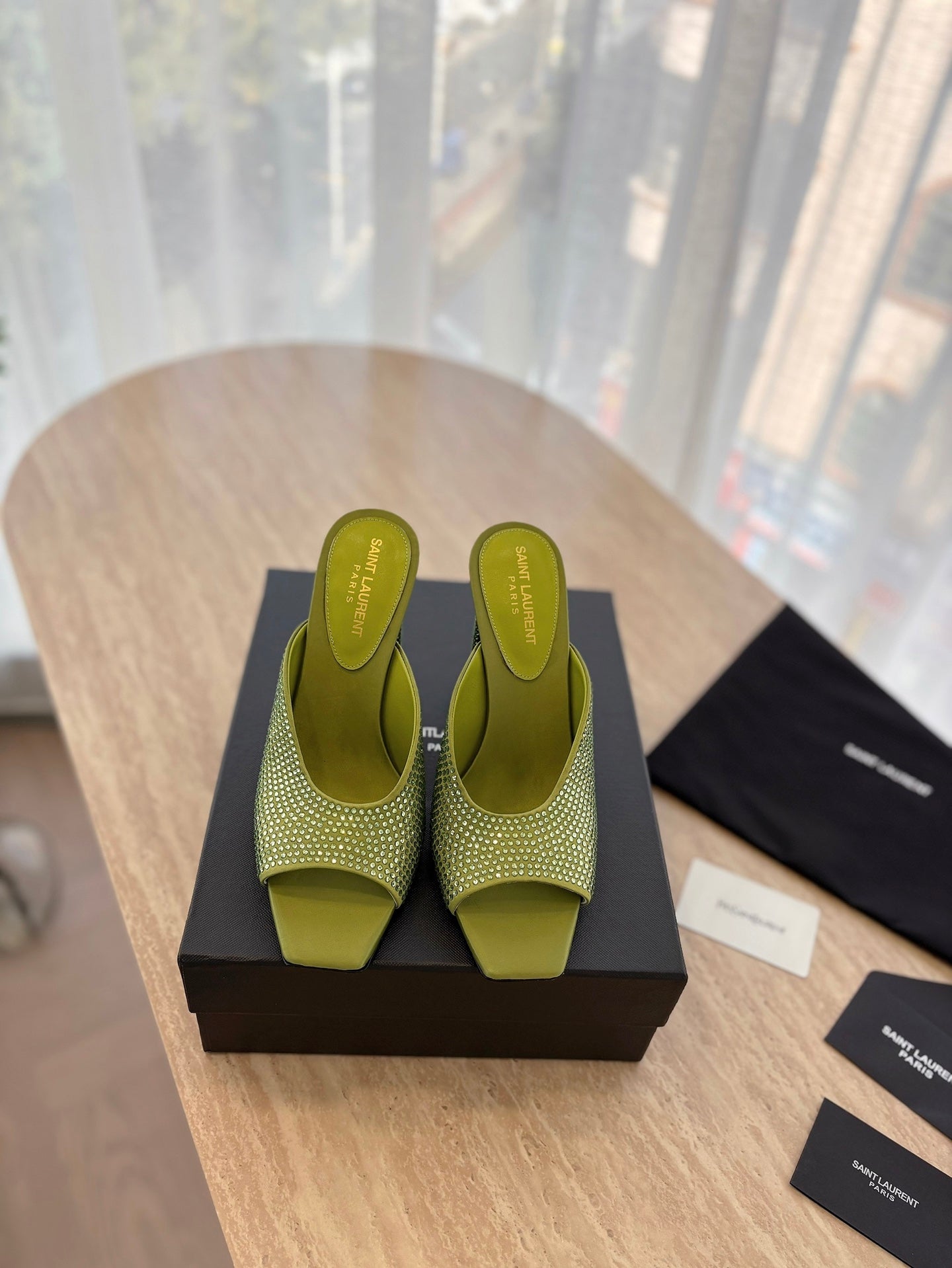 LOUIS VUITTON HIGH HEEL BLONDE MULE 10 CM IN OLIVE GREEN SATIN WITH RHINESTONES
