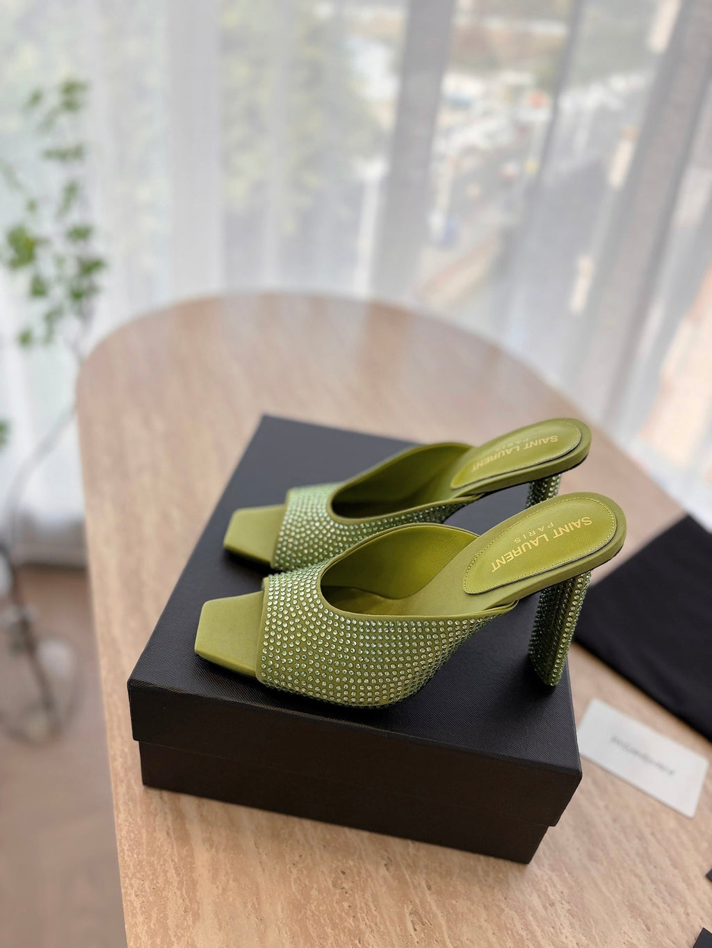 LOUIS VUITTON HIGH HEEL BLONDE MULE 10 CM IN OLIVE GREEN SATIN WITH RHINESTONES