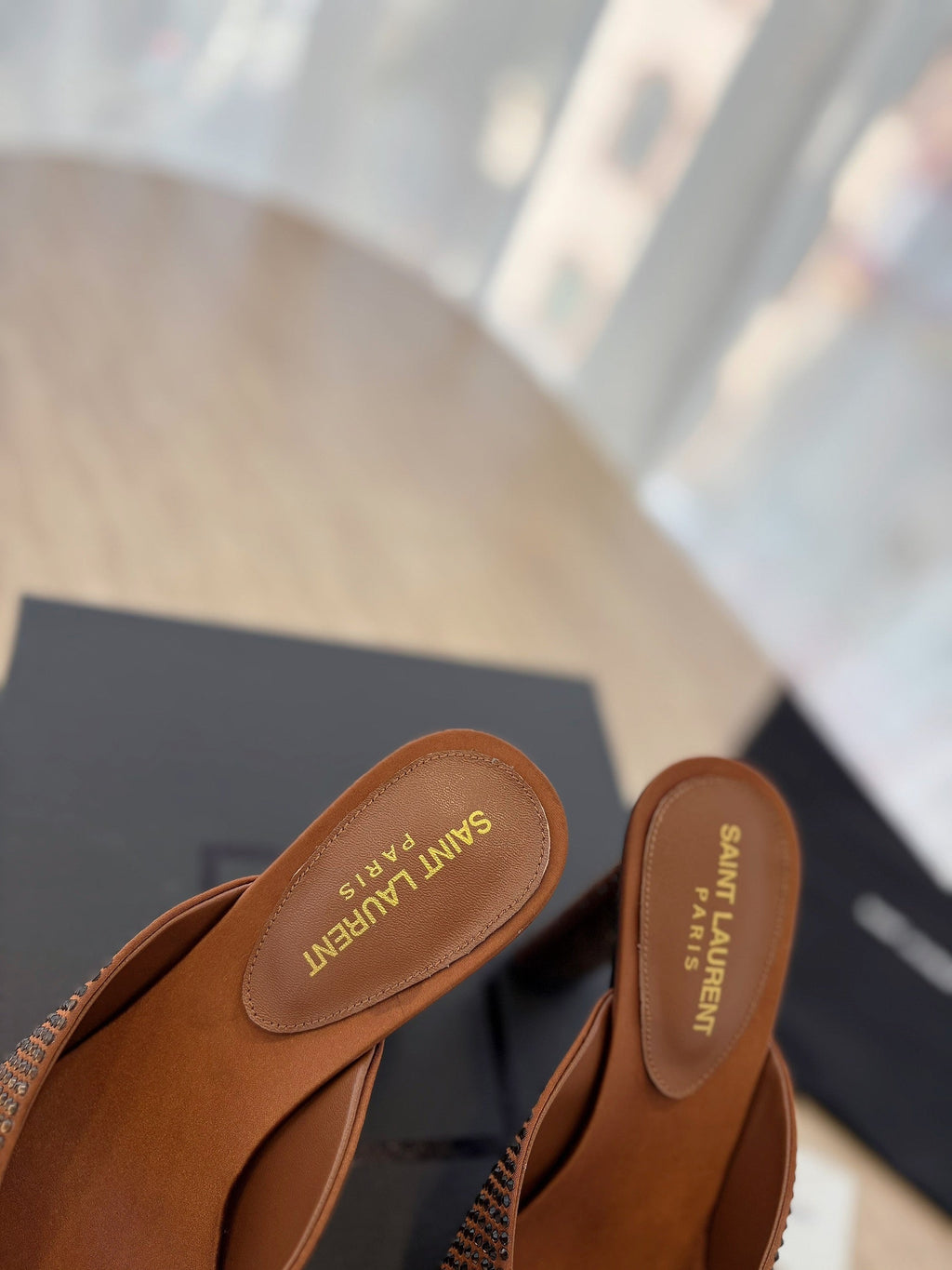 LOUIS VUITTON HIGH HEEL BLONDE MULE 10 CM IN BRONZE BROWN SATIN WITH RHINESTONES