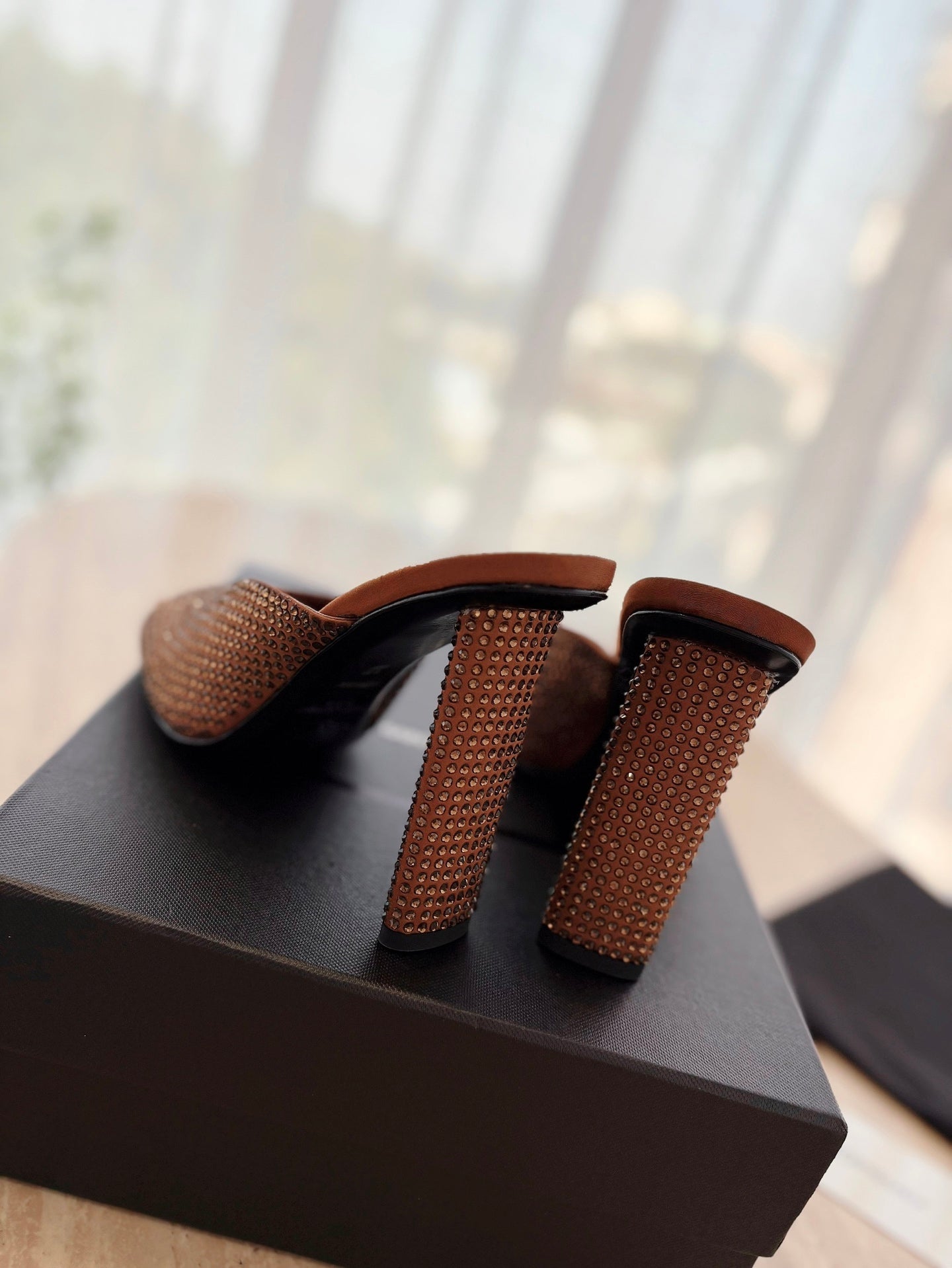 LOUIS VUITTON HIGH HEEL BLONDE MULE 10 CM IN BRONZE BROWN SATIN WITH RHINESTONES