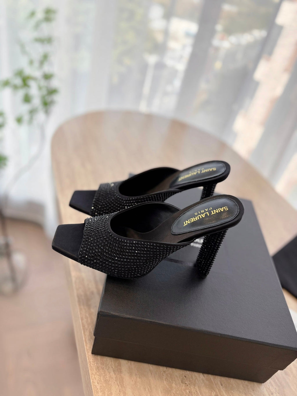 LOUIS VUITTON HIGH HEEL BLONDE MULE 10 CM IN BLACK SATIN WITH RHINESTONES