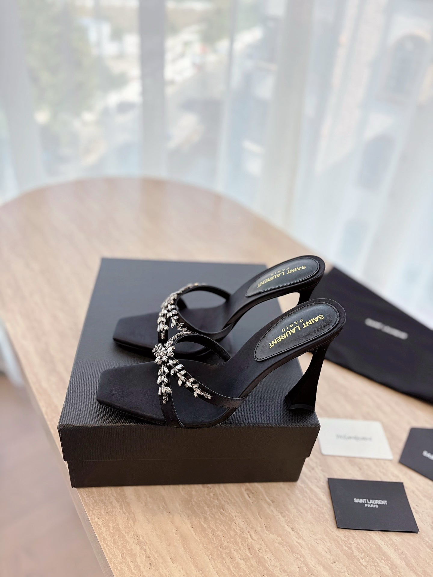 LOUIS VUITTON RAV HIGH HEEL 10 CM EMBELLISHED BLACK SATIN MULES