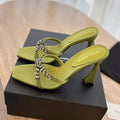 LOUIS VUITTON RAV HIGH HEEL 10 CM EMBELLISHED OLIVE GREEN SATIN MULES