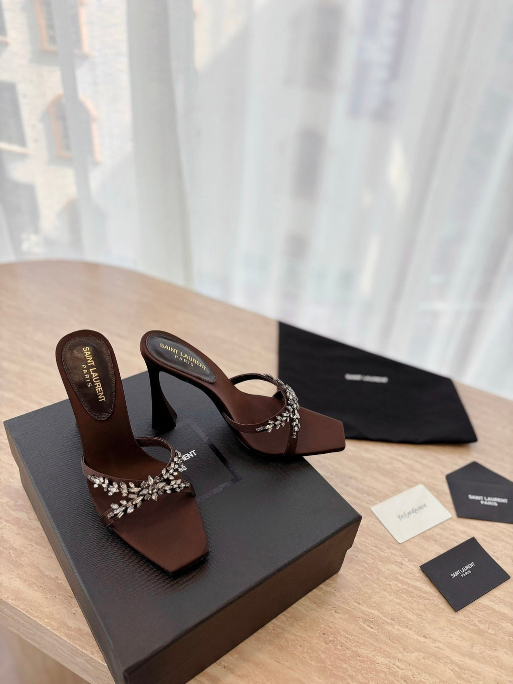 LOUIS VUITTON RAV HIGH HEEL 10 CM EMBELLISHED CHOCOLATE BROWN SATIN MULES