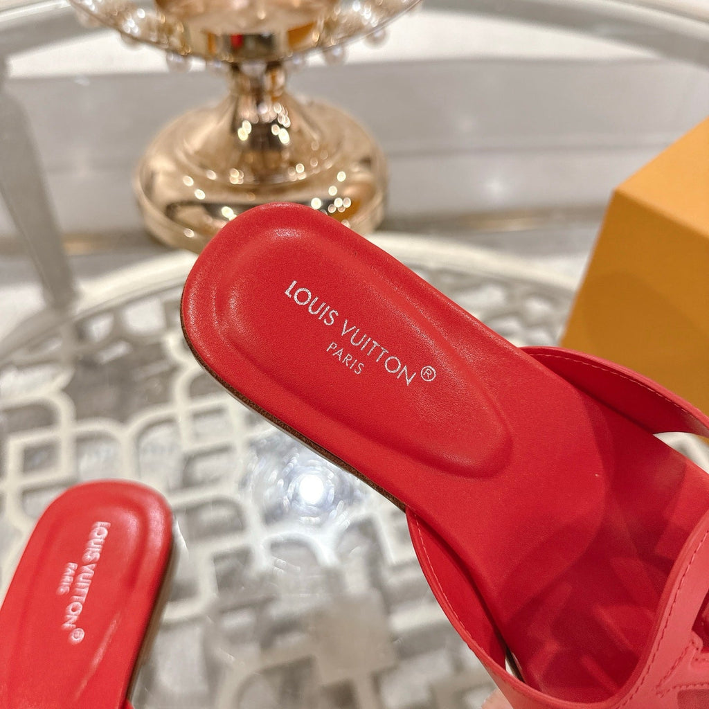 LOUIS VUITTON ISOLA FLAT SLIDE IN CHERRY RED CALFSKIN
