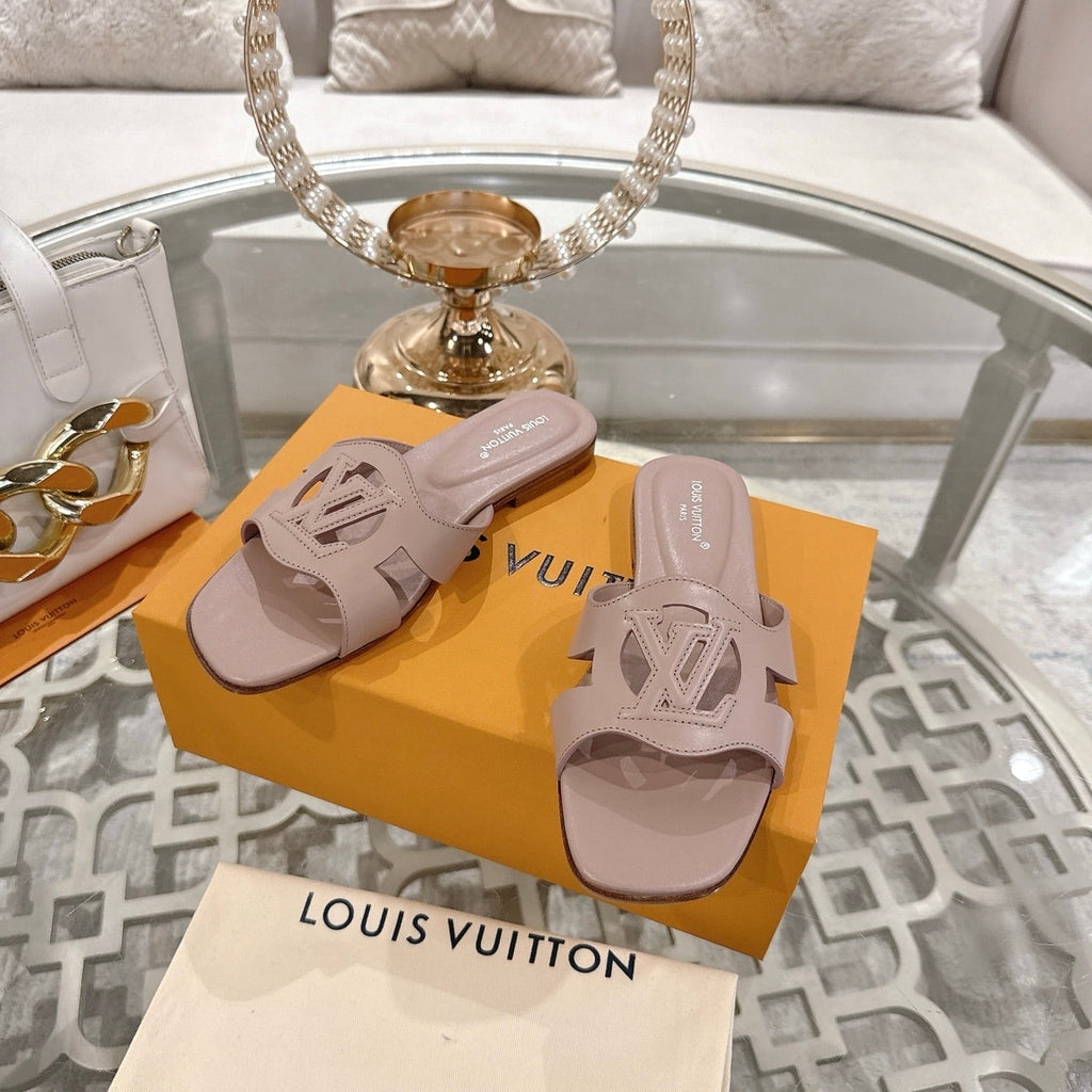 LOUIS VUITTON ISOLA FLAT SLIDE IN DUSTY PINK CALFSKIN