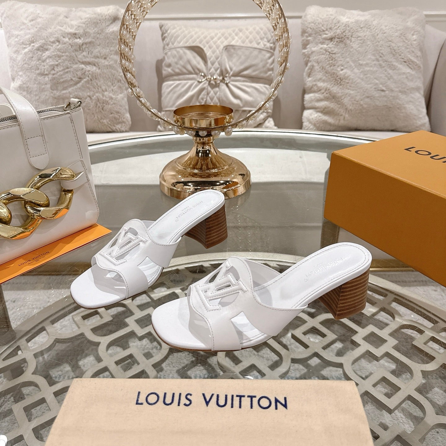 LOUIS VUITTON ISOLA HIGH 55 MM MULE IN WHITE CALFSKIN