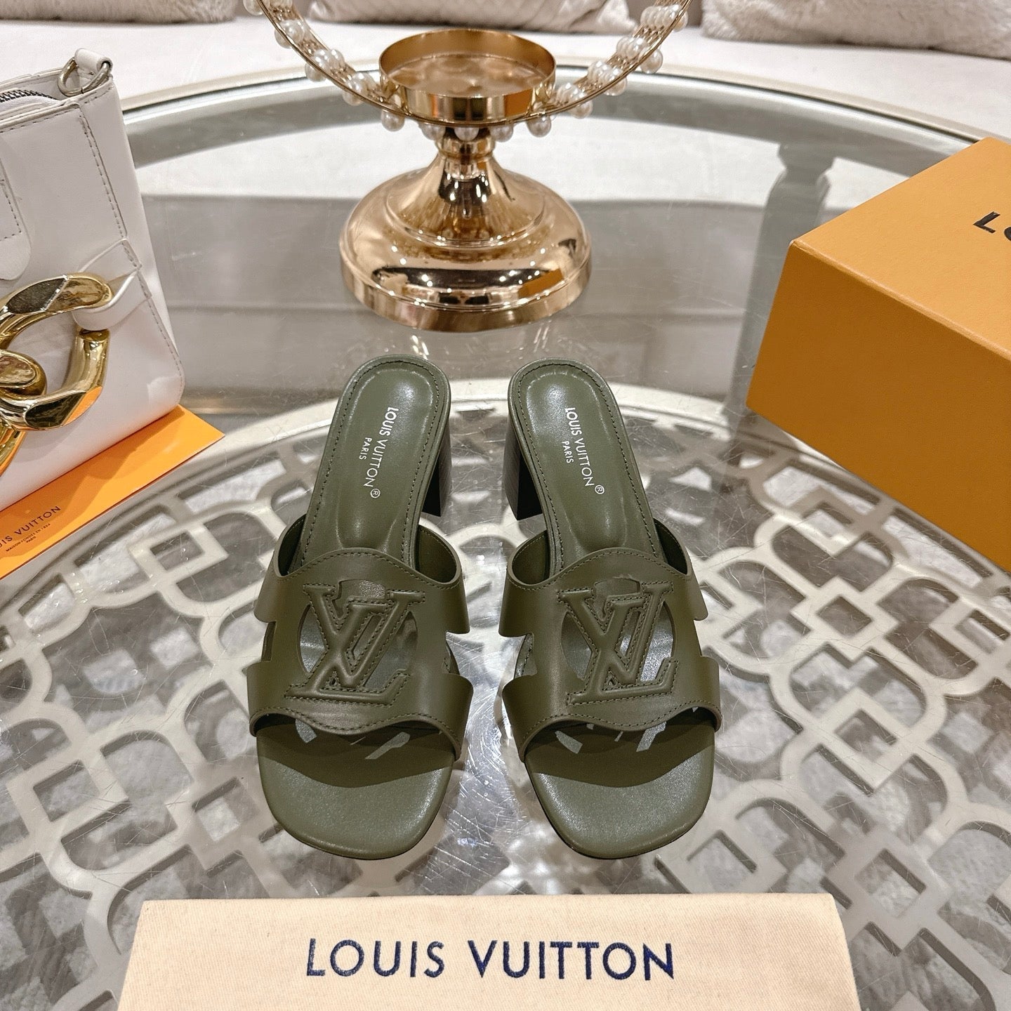 LOUIS VUITTON ISOLA HIGH 55 MM MULE IN ARMY GREEN CALFSKIN