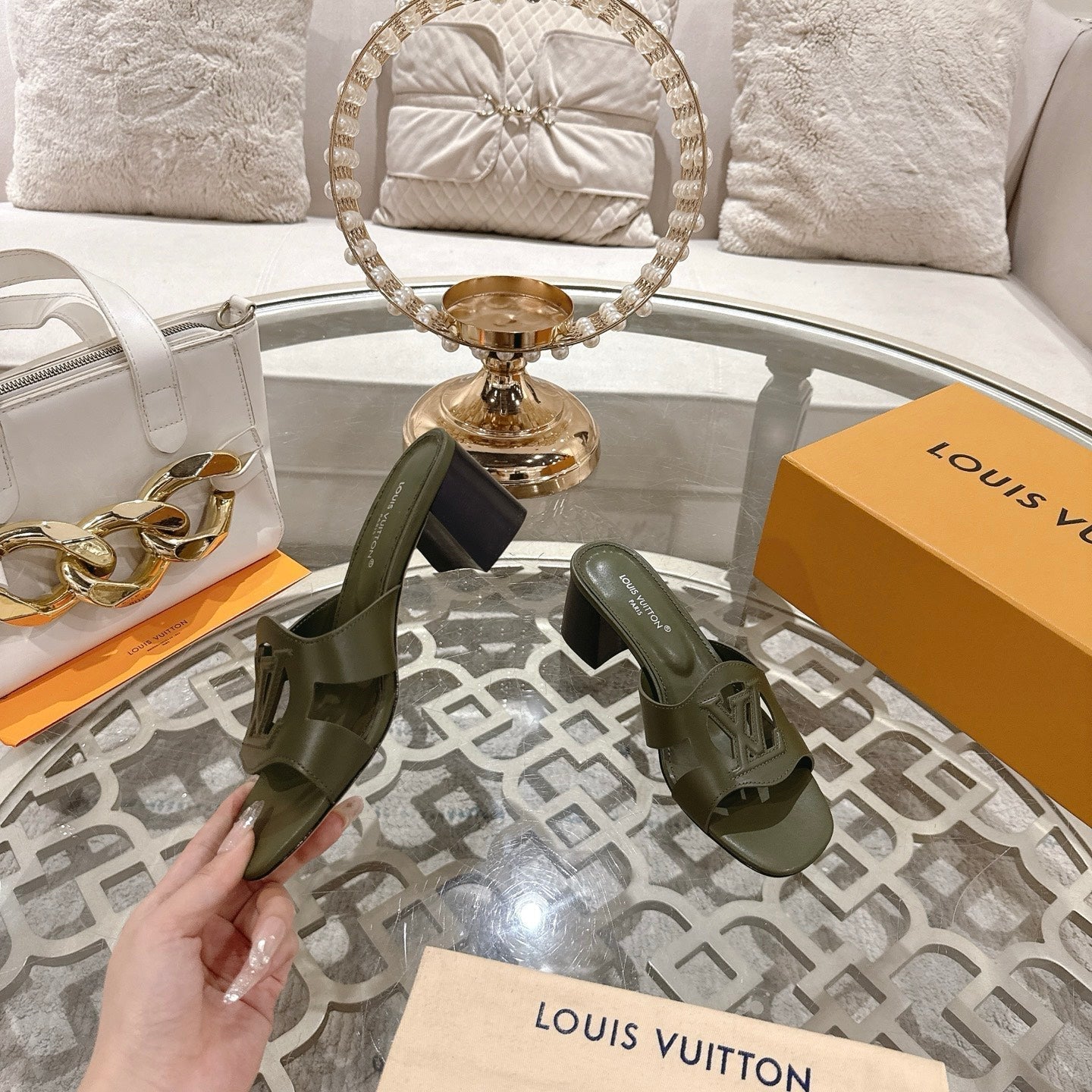 LOUIS VUITTON ISOLA HIGH 55 MM MULE IN ARMY GREEN CALFSKIN