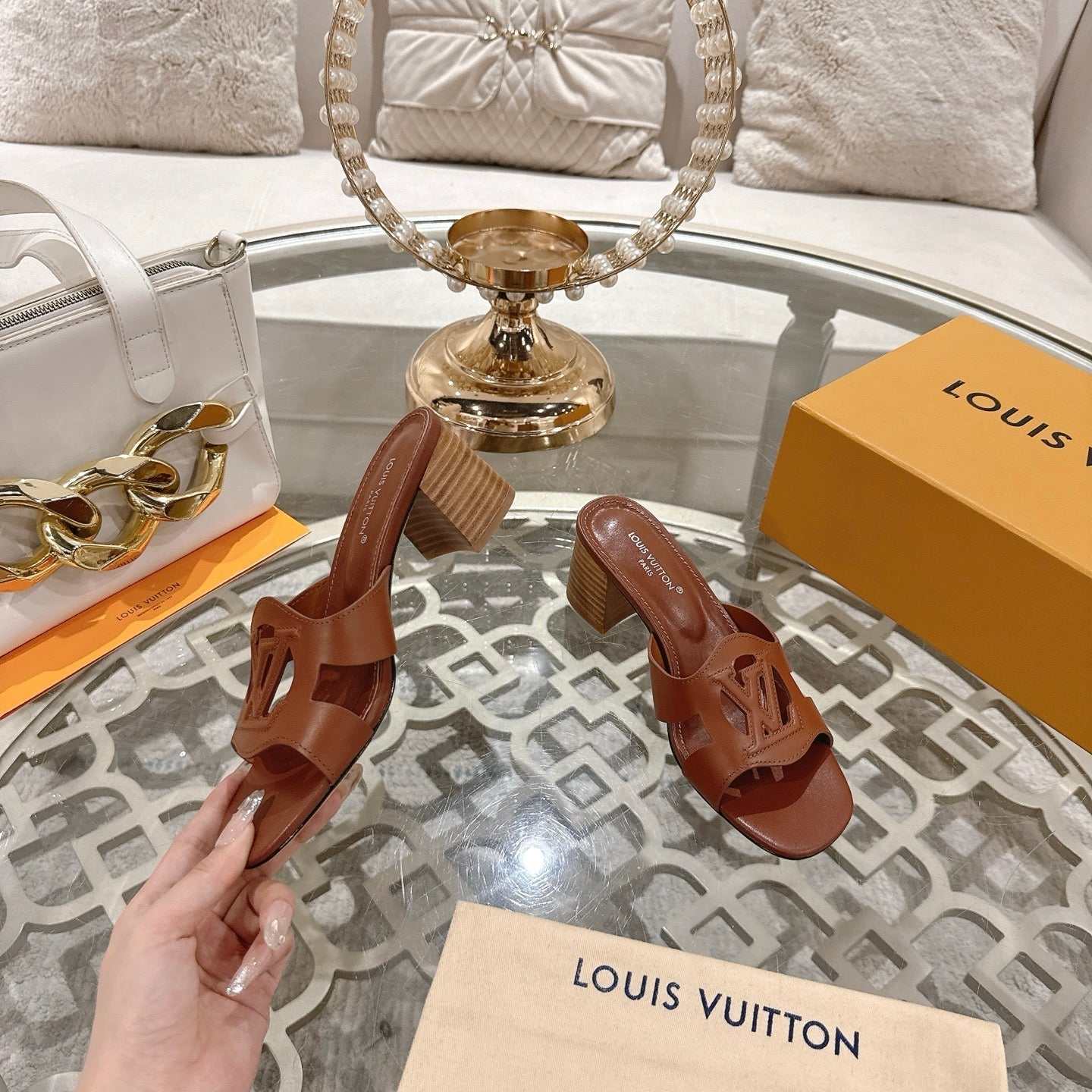 LOUIS VUITTON ISOLA HIGH 55 MM MULE IN PENNY BROWN CALFSKIN