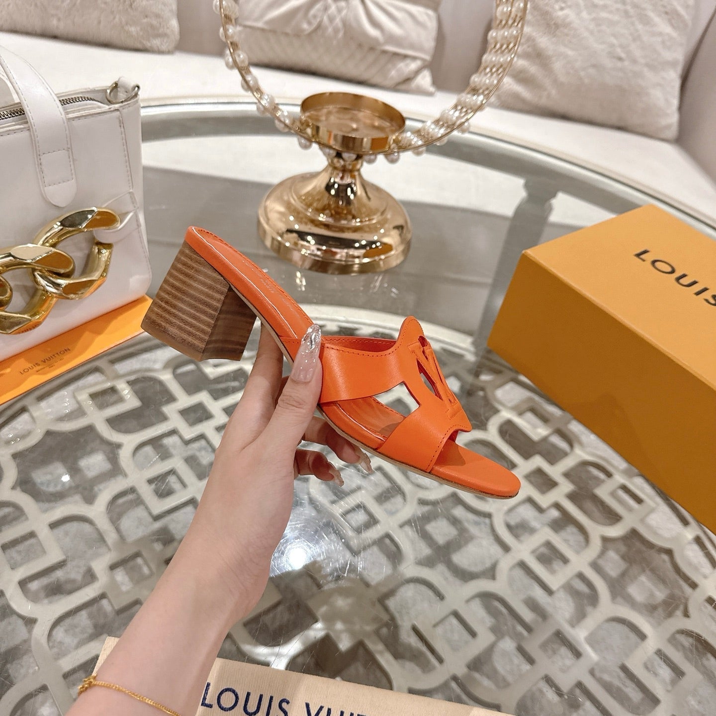 LOUIS VUITTON ISOLA HIGH 55 MM MULE IN VIVID ORANGE CALFSKIN